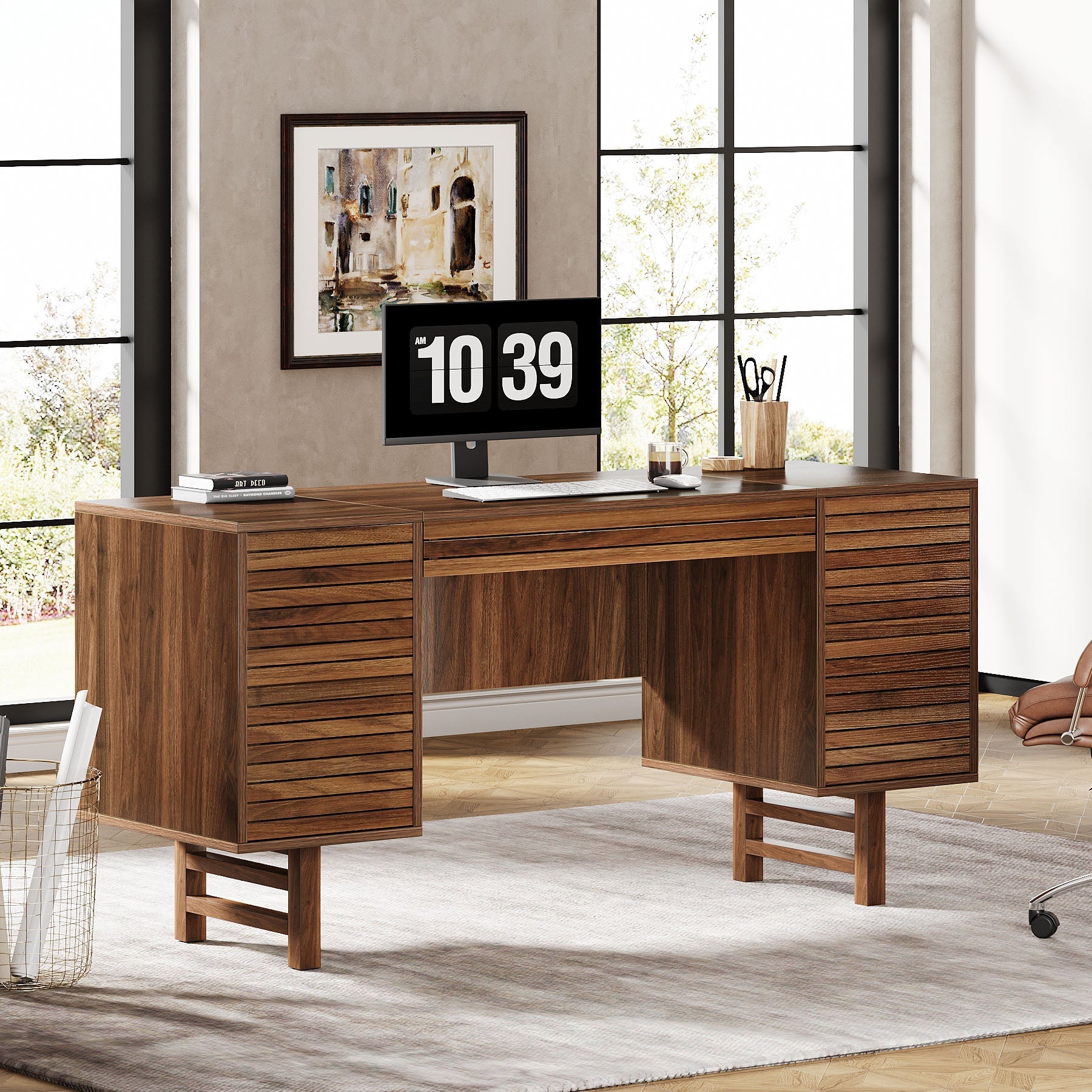 Wood Computer Desk, 150 cm Home Office Desk with Drawers