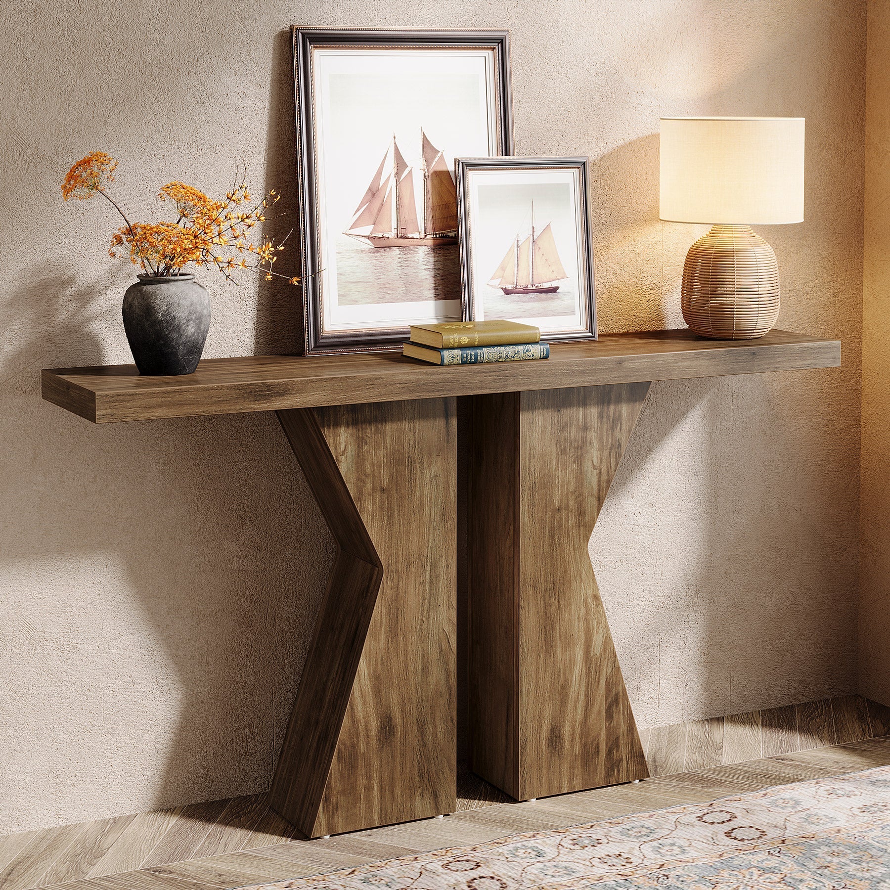 Wood Console Table, 140 cm Sofa Table Entryway Table with K-Shaped Frame