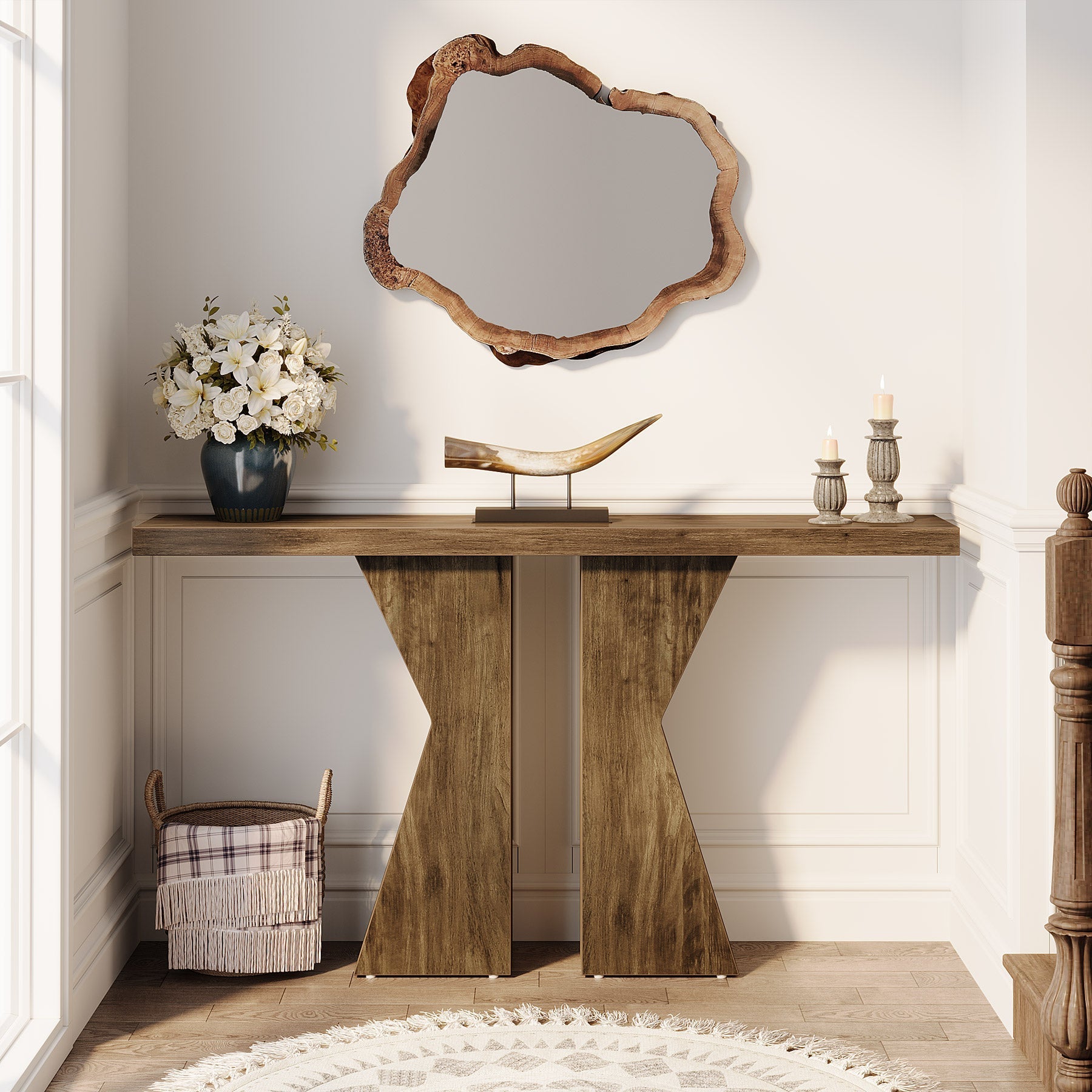 Wood Console Table, 140 cm Sofa Table Entryway Table with K-Shaped Frame