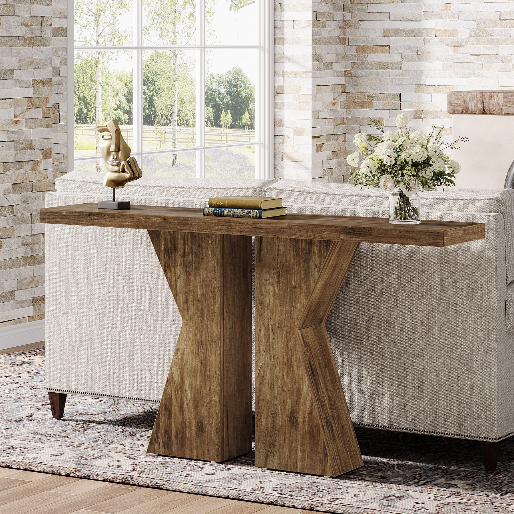 Wood Console Table, 140 cm Sofa Table Entryway Table with K-Shaped Frame