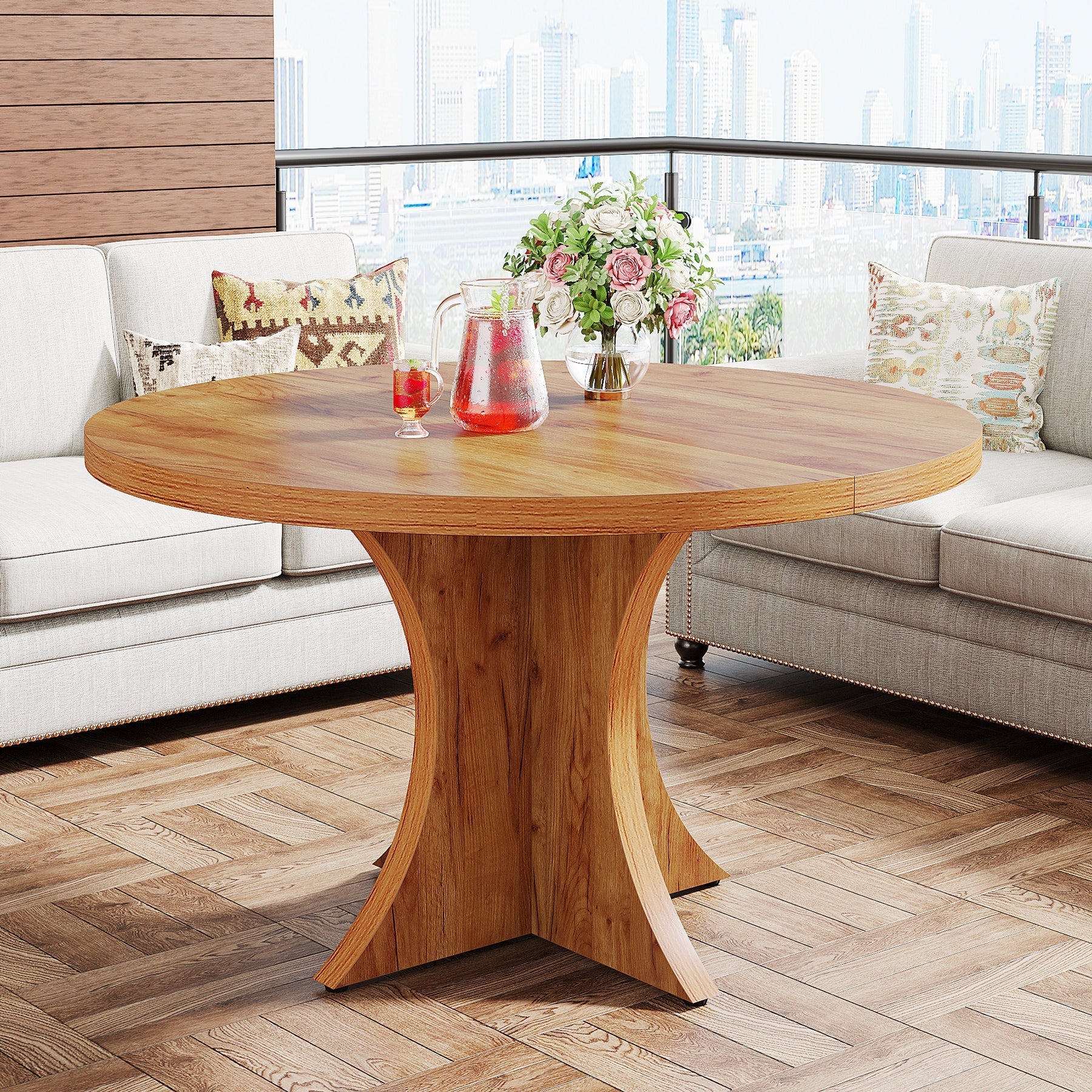 Wood Dining Table, 120 cm Round Kitchen Table for 4-6