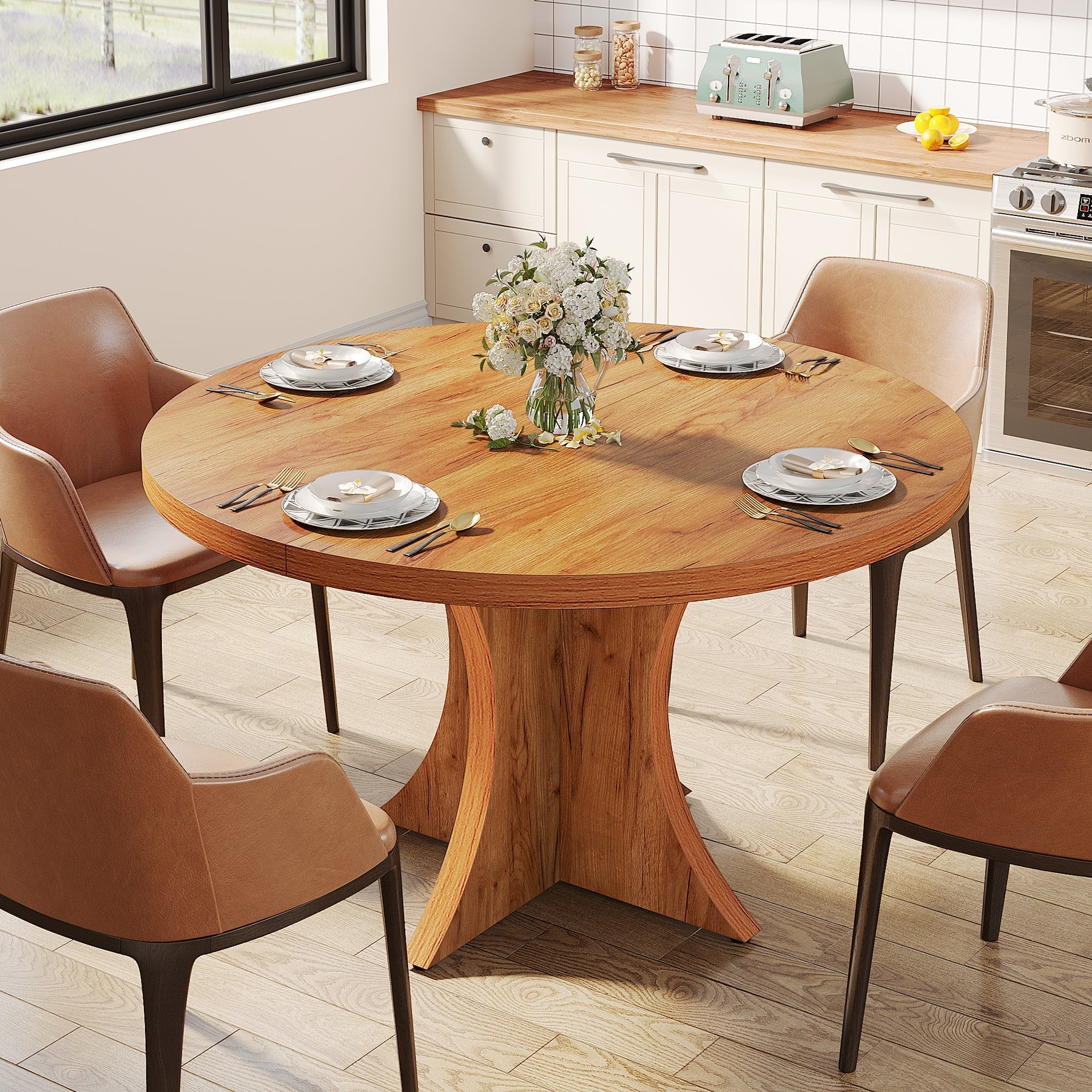 Wood Dining Table, 120 cm Round Kitchen Table for 4-6