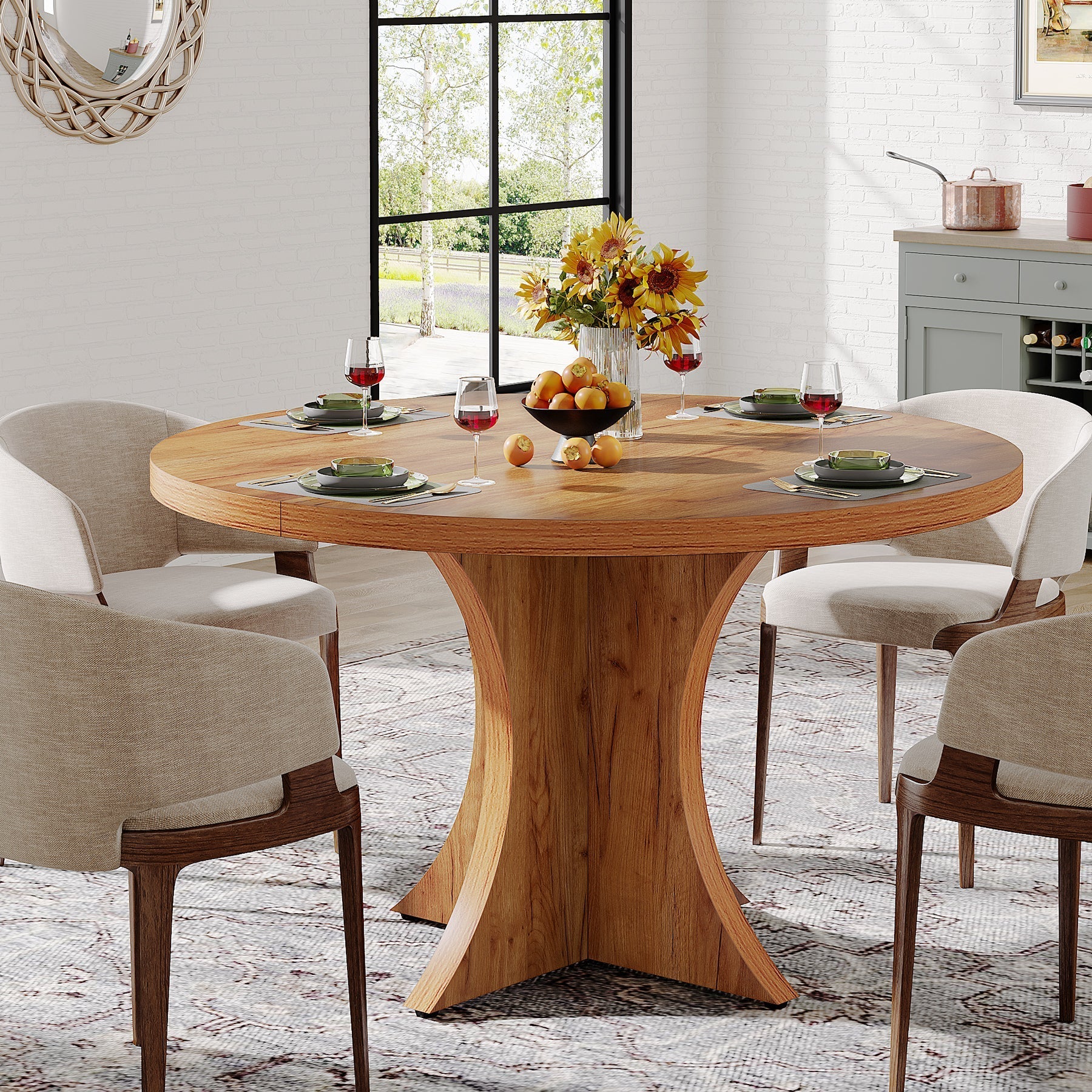 Wood Dining Table, 120 cm Round Kitchen Table for 4-6