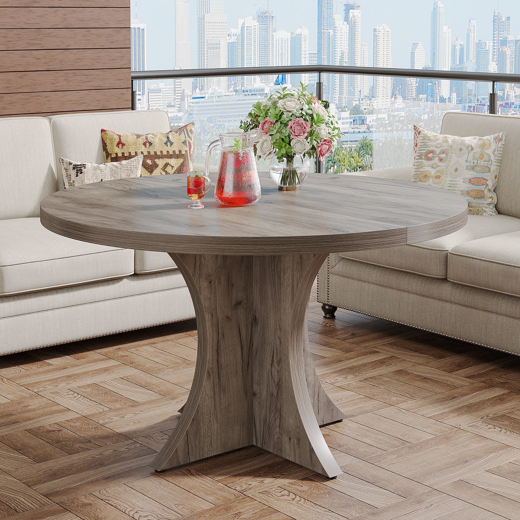 Wood Dining Table, 120 cm Round Kitchen Table for 4-6