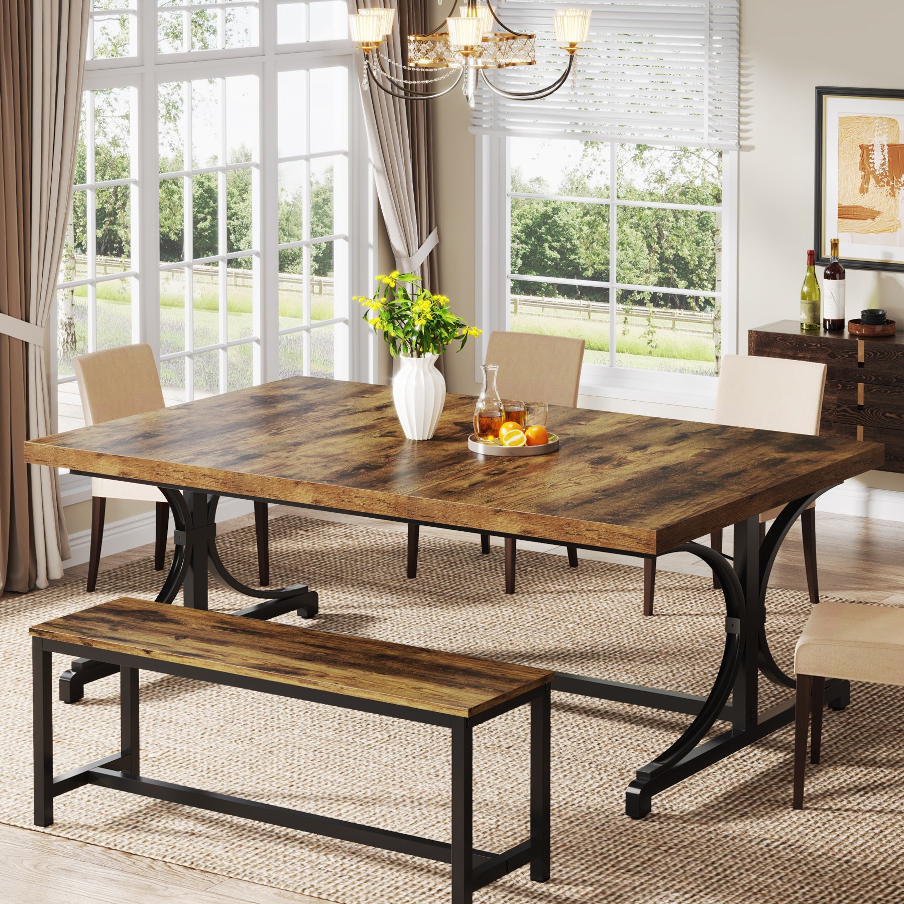 Wood Dining Table, 158.5 cm Sturdy Kitchen Table for Kitchen, Living Room