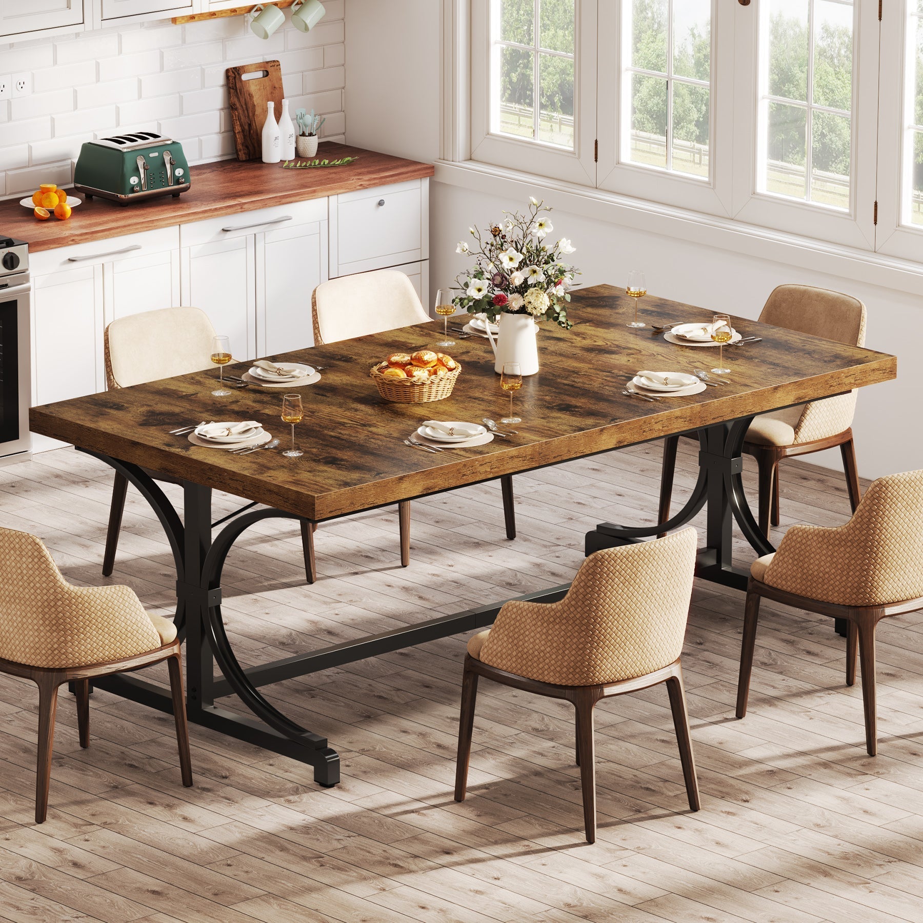 Wood Dining Table, 158.5 cm Sturdy Kitchen Table for Kitchen, Living Room