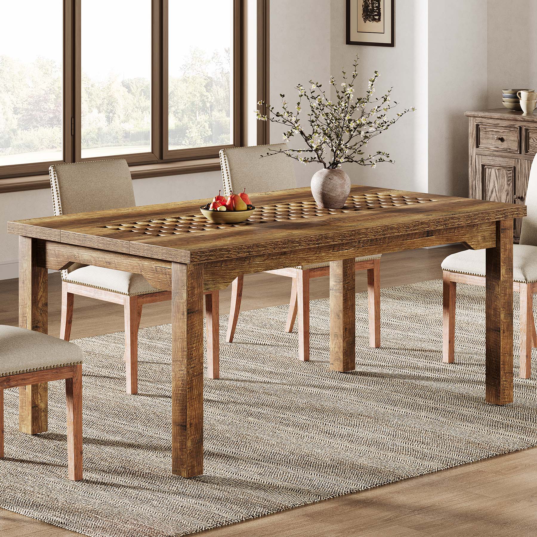 Wood Dining Table, 160 cm Farmhouse Kitchen Table with Hollow Tabletop for 4-6 People