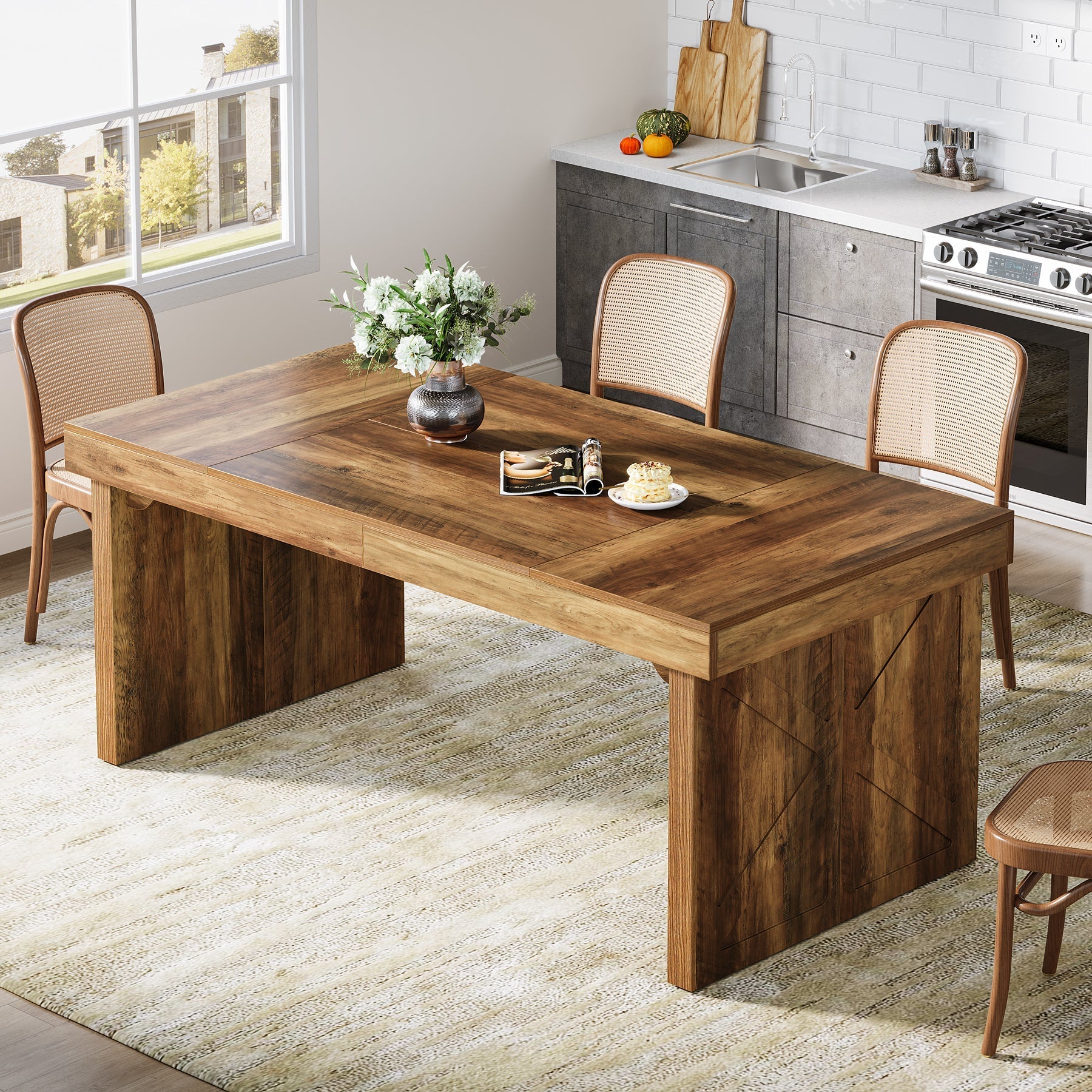 Wood Dining Table, 160 cm Rustic Rectangular Kitchen Table