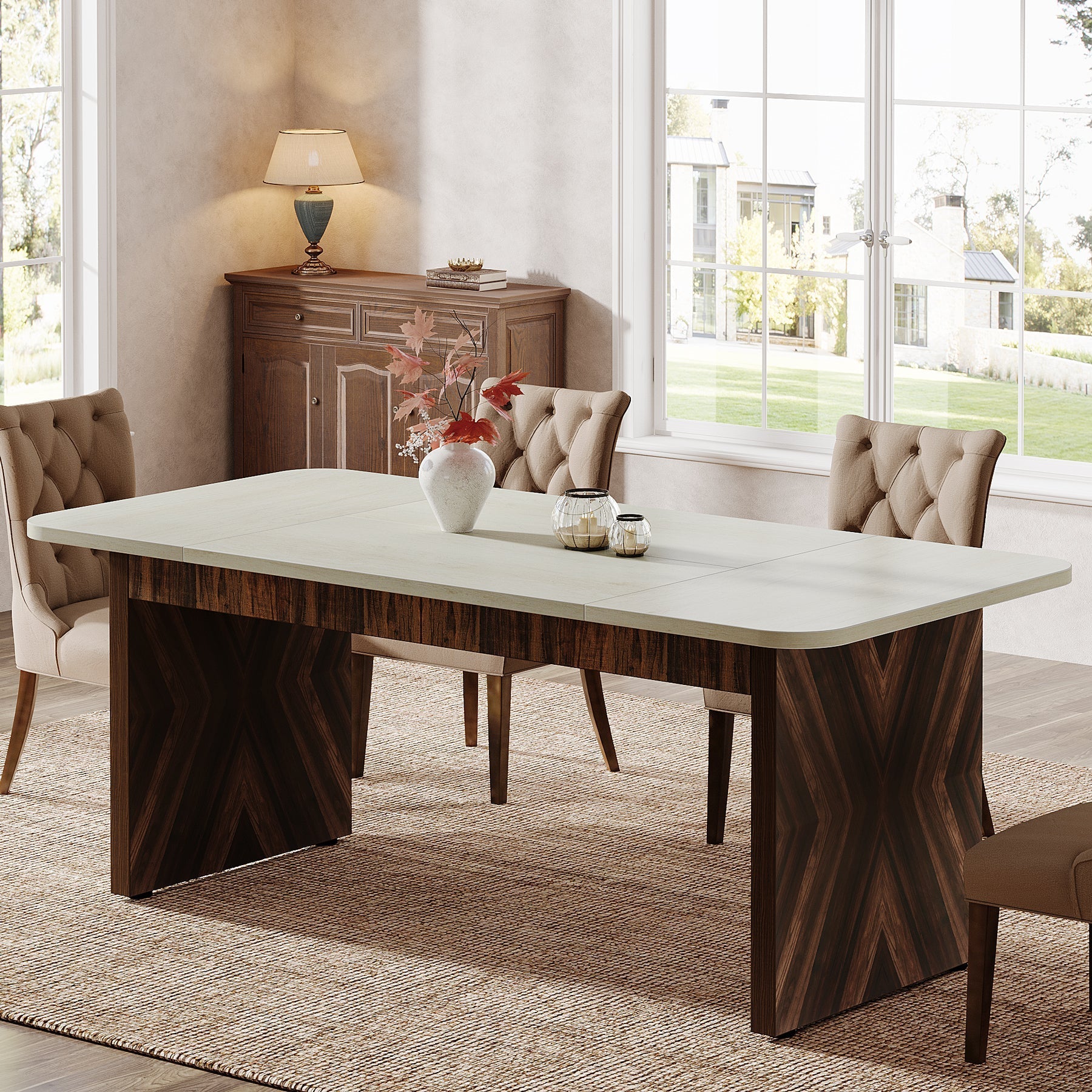 Wood Dining Table, 178 cm Rectangle Kitchen Table for 6 People