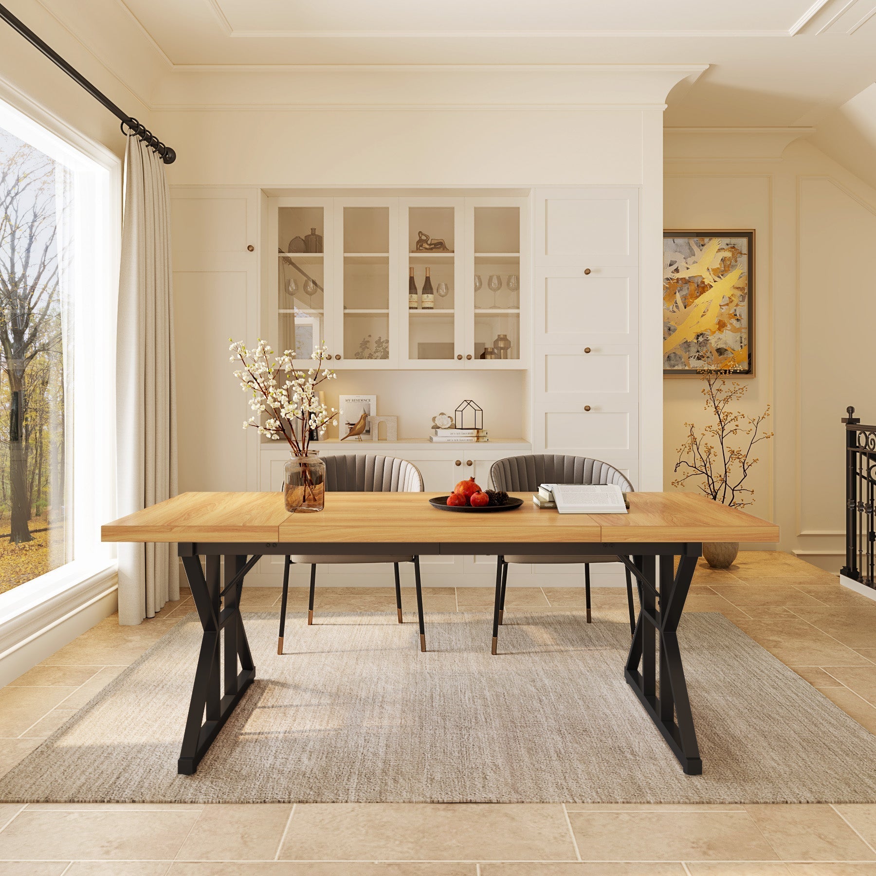 Wood Dining Table, Farmhouse 180 cm Kitchen Table for 6 People