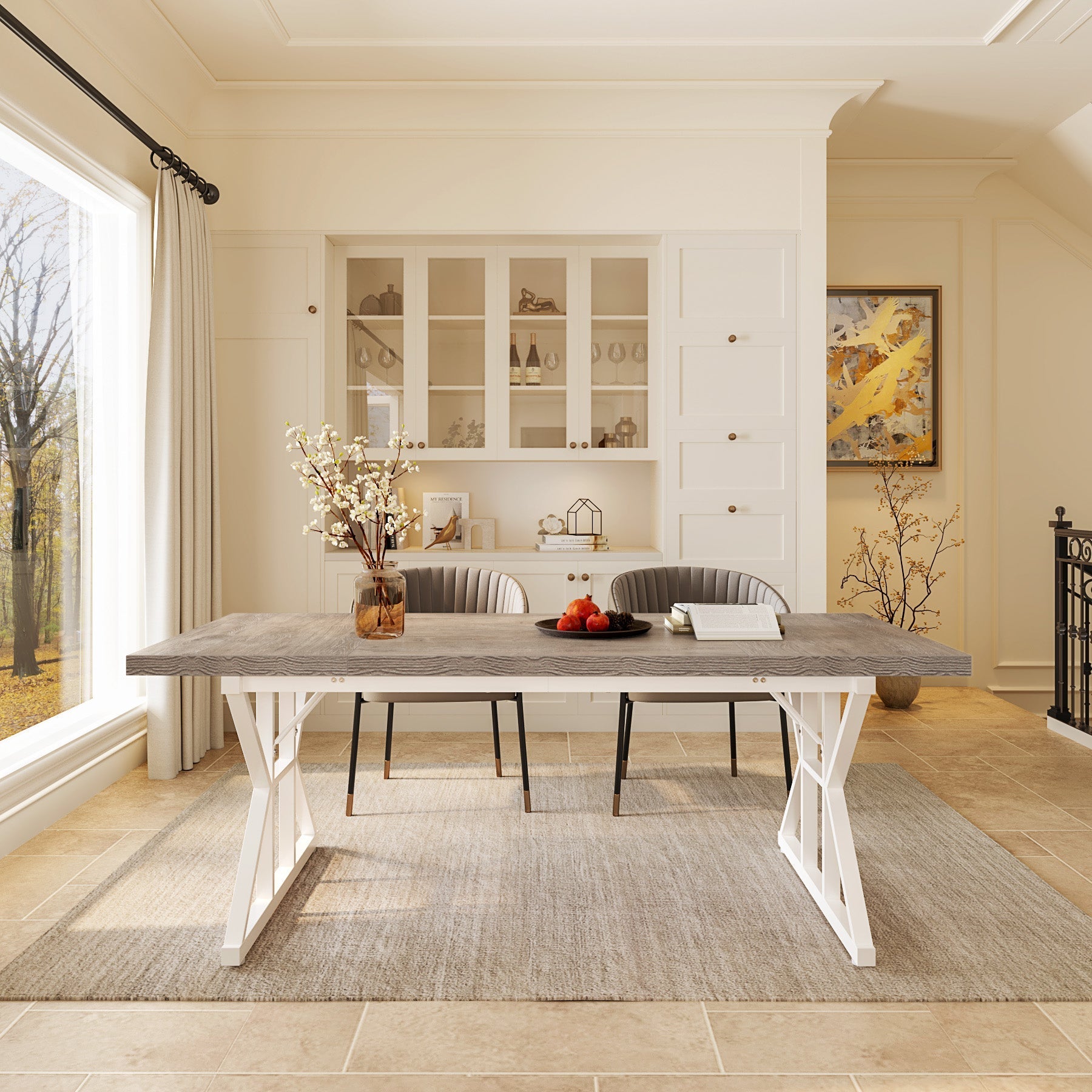 Wood Dining Table, Farmhouse 180 cm Kitchen Table for 6 People