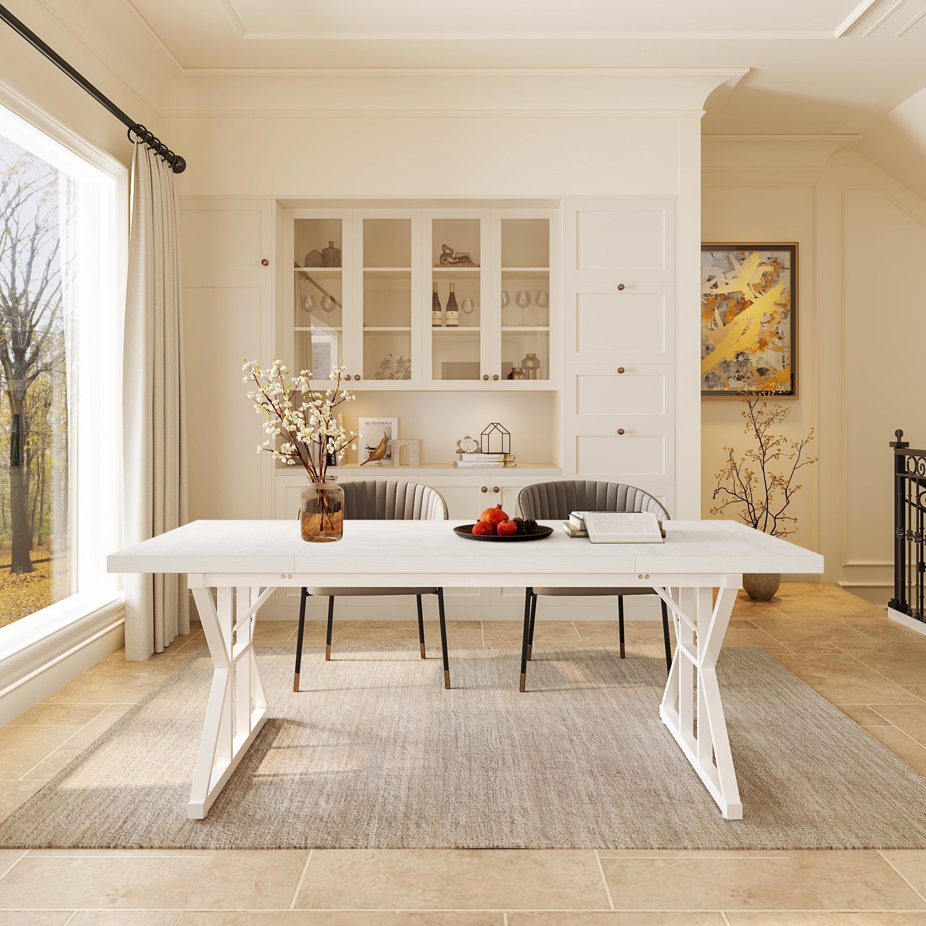 Wood Dining Table, Farmhouse 180 cm Kitchen Table for 6 People