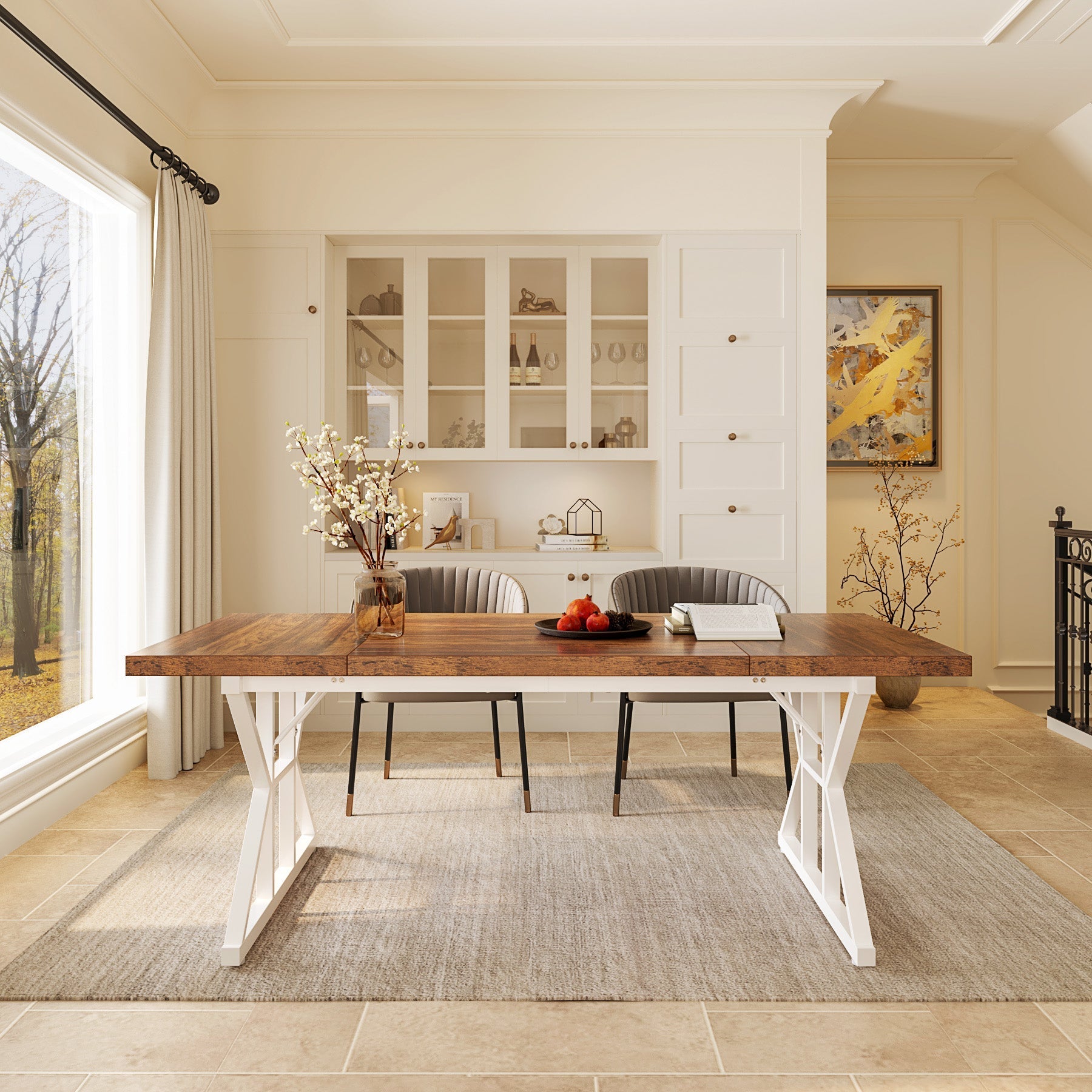 Wood Dining Table, Farmhouse 180 cm Kitchen Table for 6 People