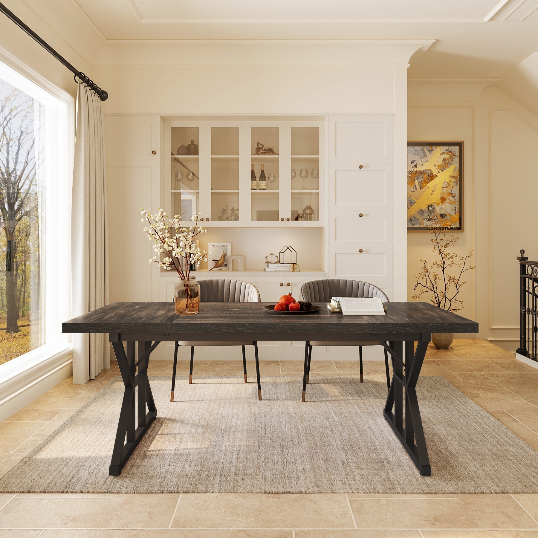 Wood Dining Table, Farmhouse 180 cm Kitchen Table for 6 People