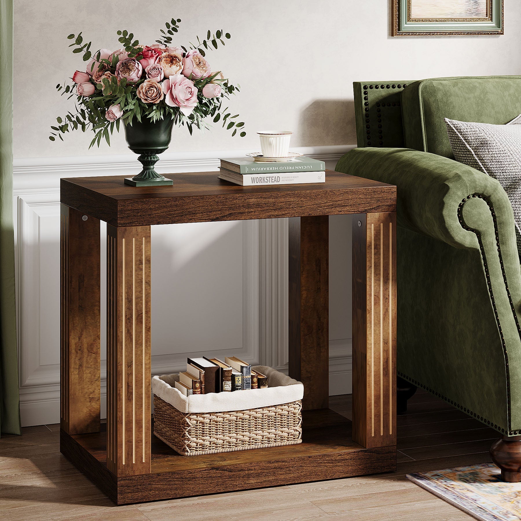 Wood End Table, 2-Tier Farmhouse Side Table with Storage Shelf