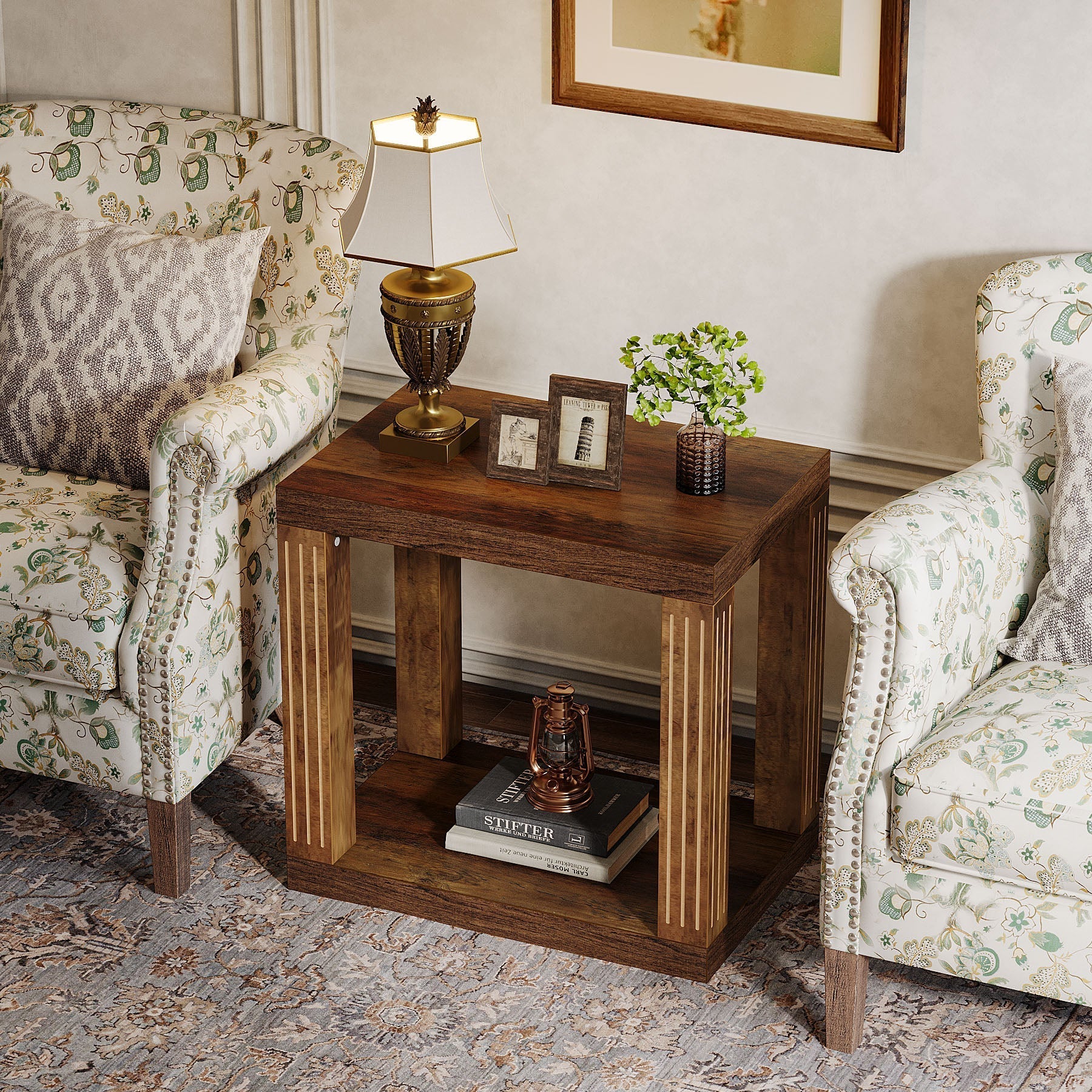 Wood End Table, 2-Tier Farmhouse Side Table with Storage Shelf