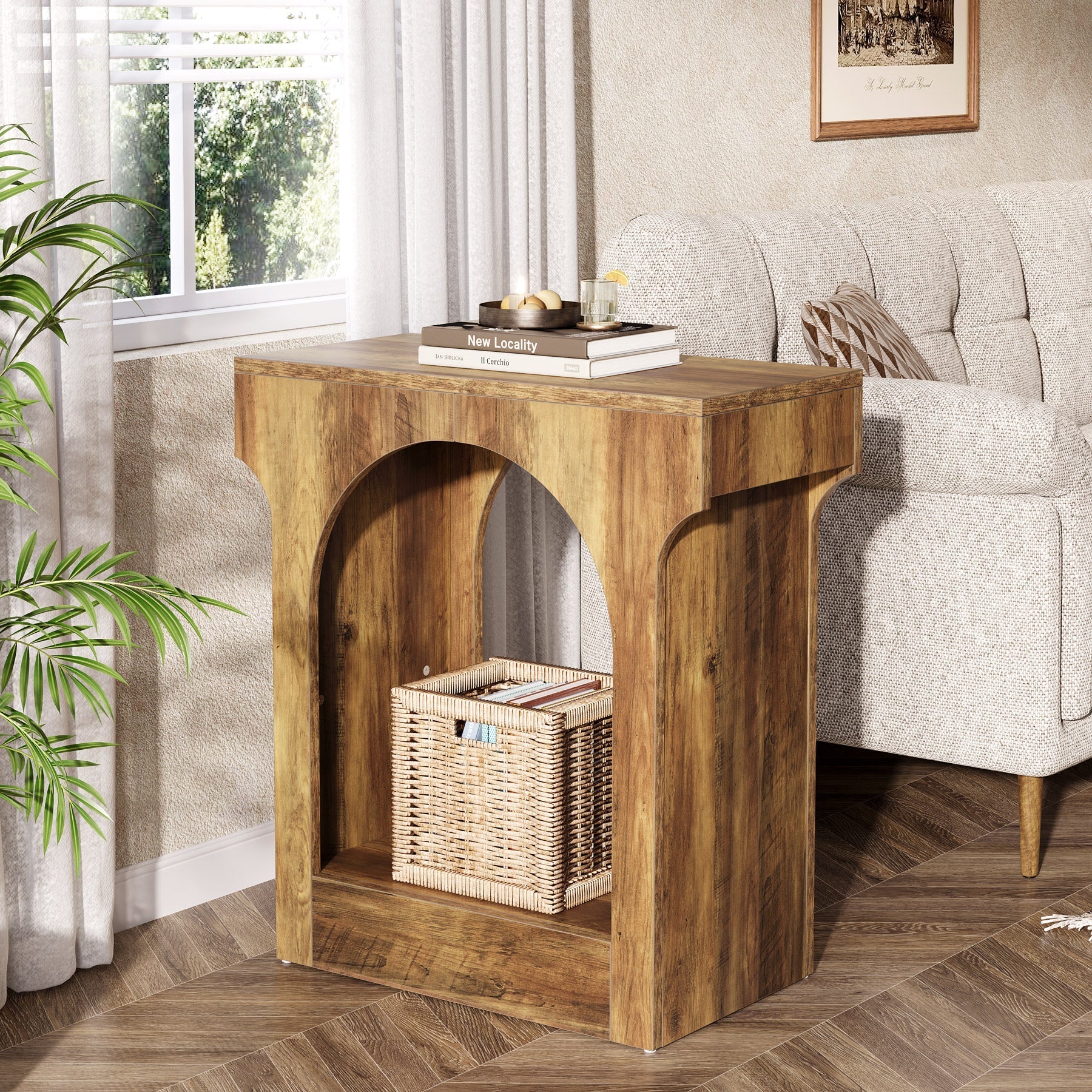 Wood End Table, 2-Tier Side Table with Storage Space