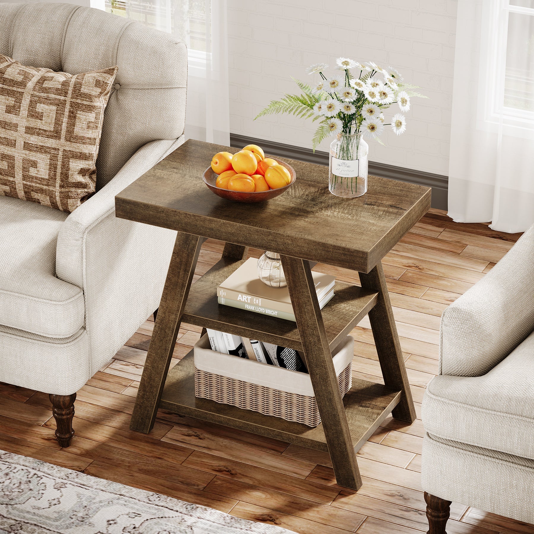 Wood End Table, 3-Tier Sofa Side Table with Storage Shelf