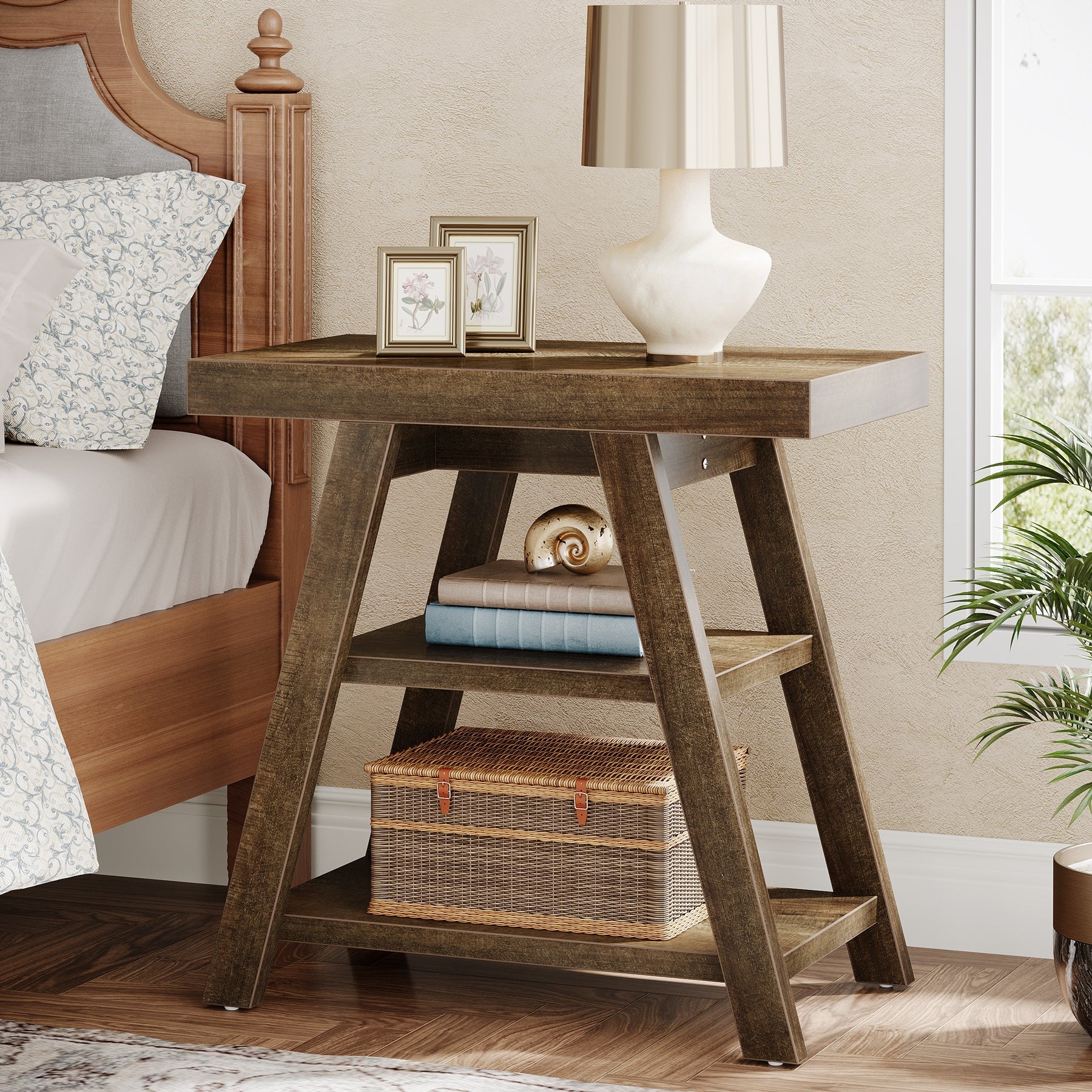 Wood End Table, 3-Tier Sofa Side Table with Storage Shelf