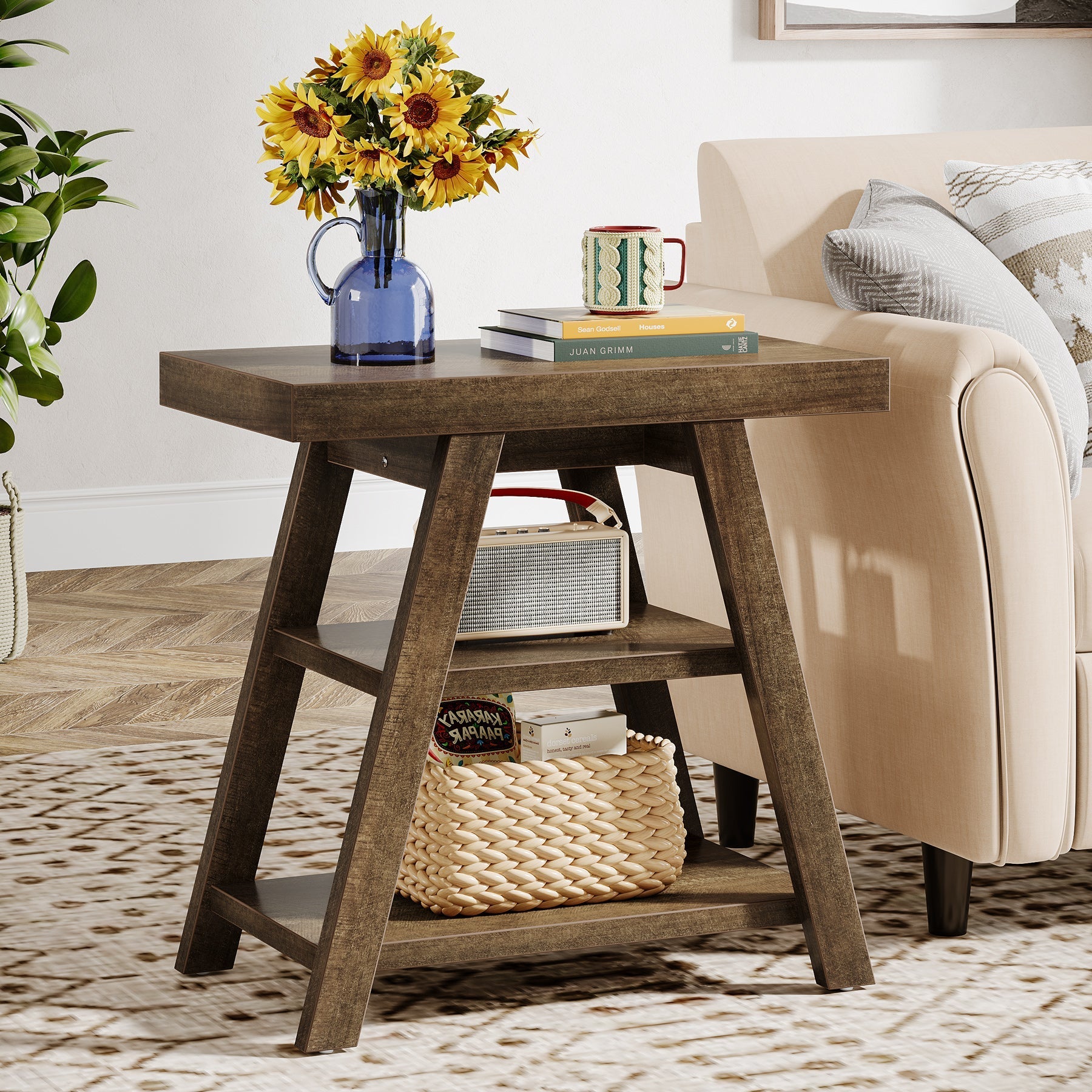 Wood End Table, 3-Tier Sofa Side Table with Storage Shelf