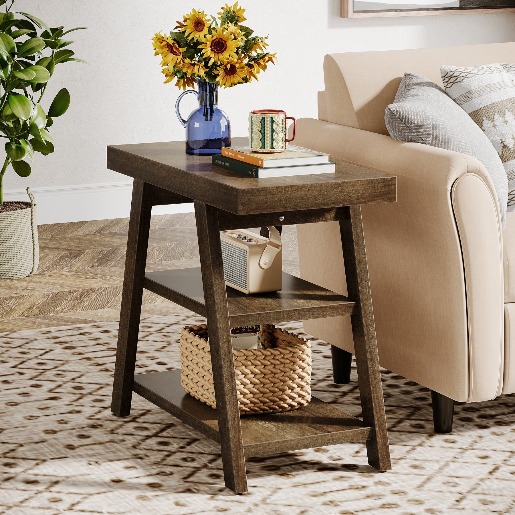 Wood End Table, 3-Tier Sofa Side Table with Storage Shelf