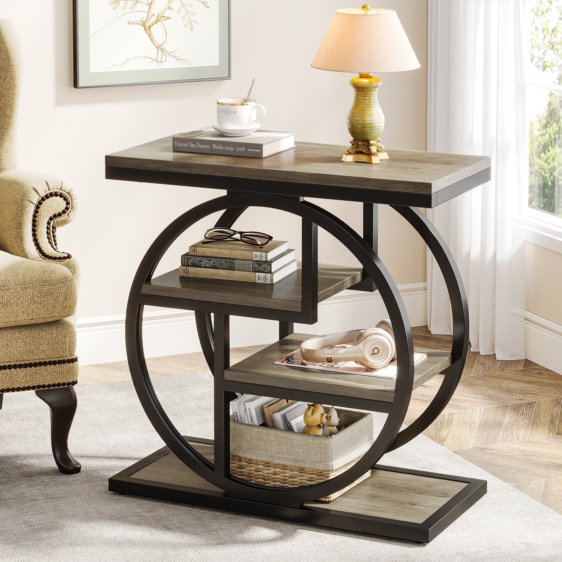 Wood End Table, 4-Tier Side Table with Storage Shelves