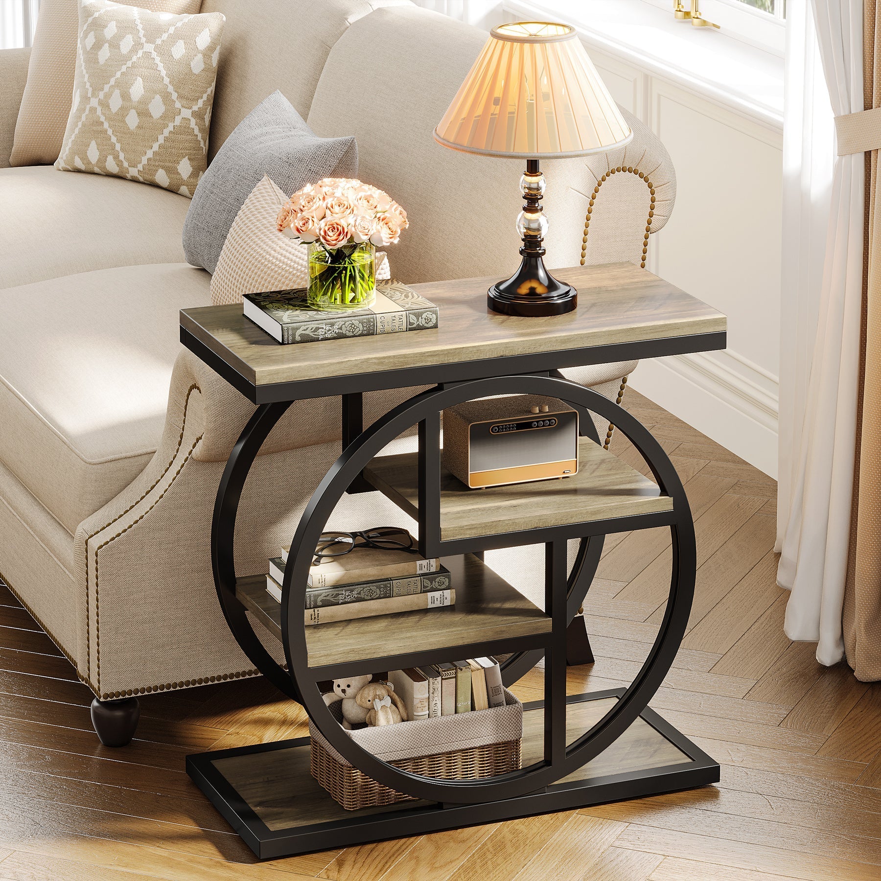 Wood End Table, 4-Tier Side Table with Storage Shelves