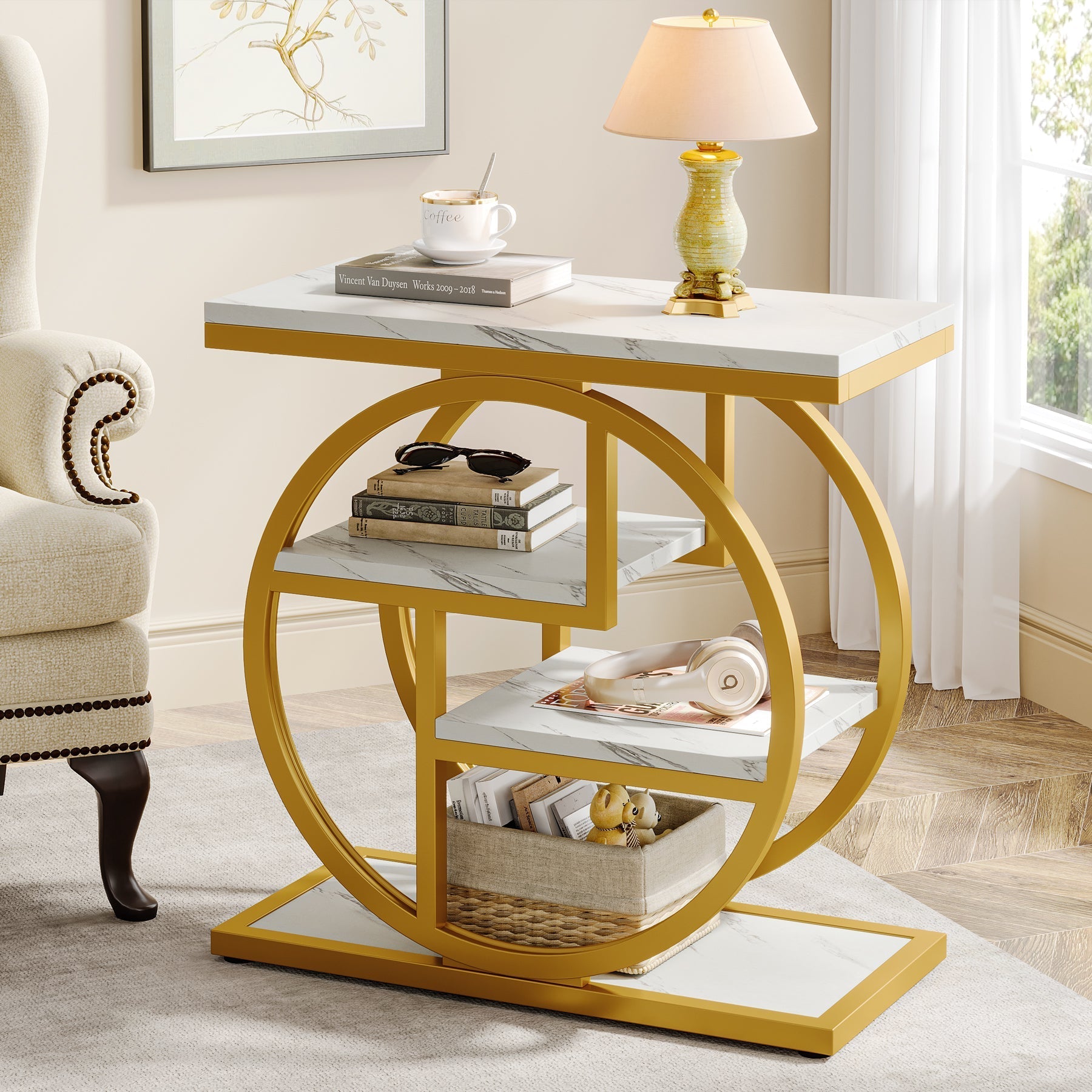 Wood End Table, 4-Tier Side Table with Storage Shelves