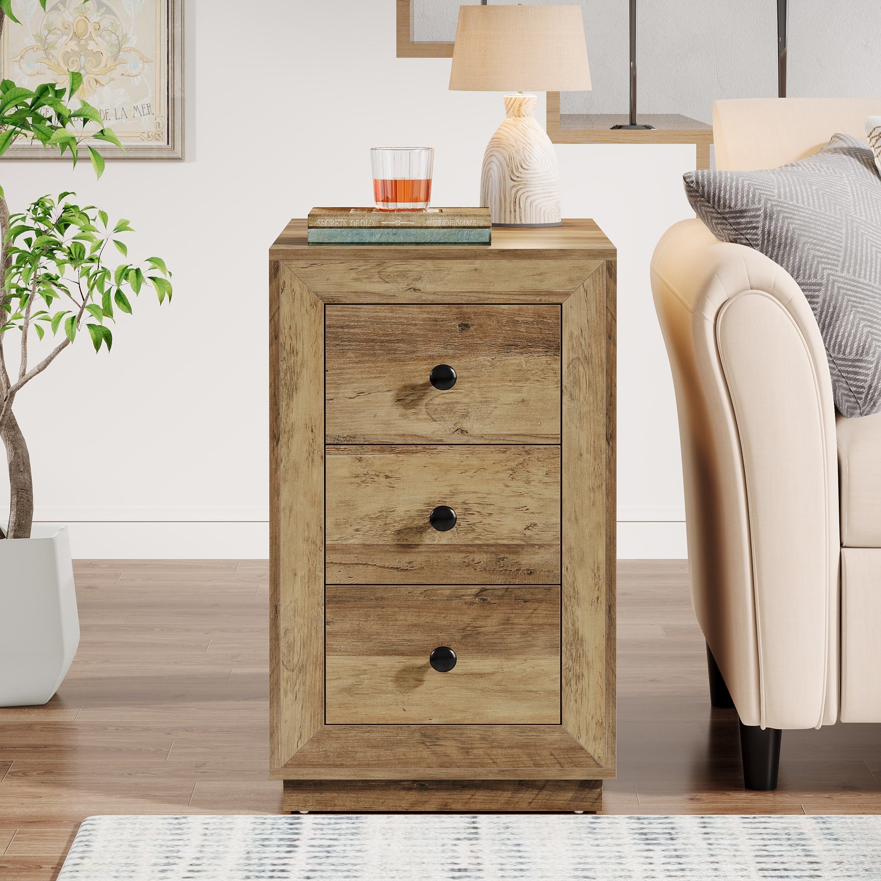 Wood End Table, Farmhouse 3-Drawer Sofa Side Table Nightstand