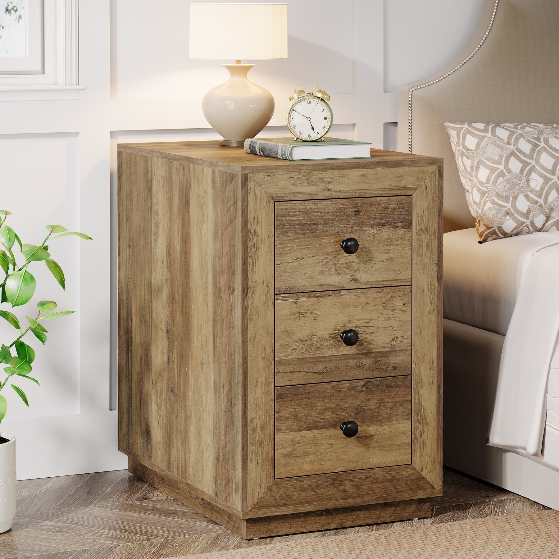 Wood End Table, Farmhouse 3-Drawer Sofa Side Table Nightstand