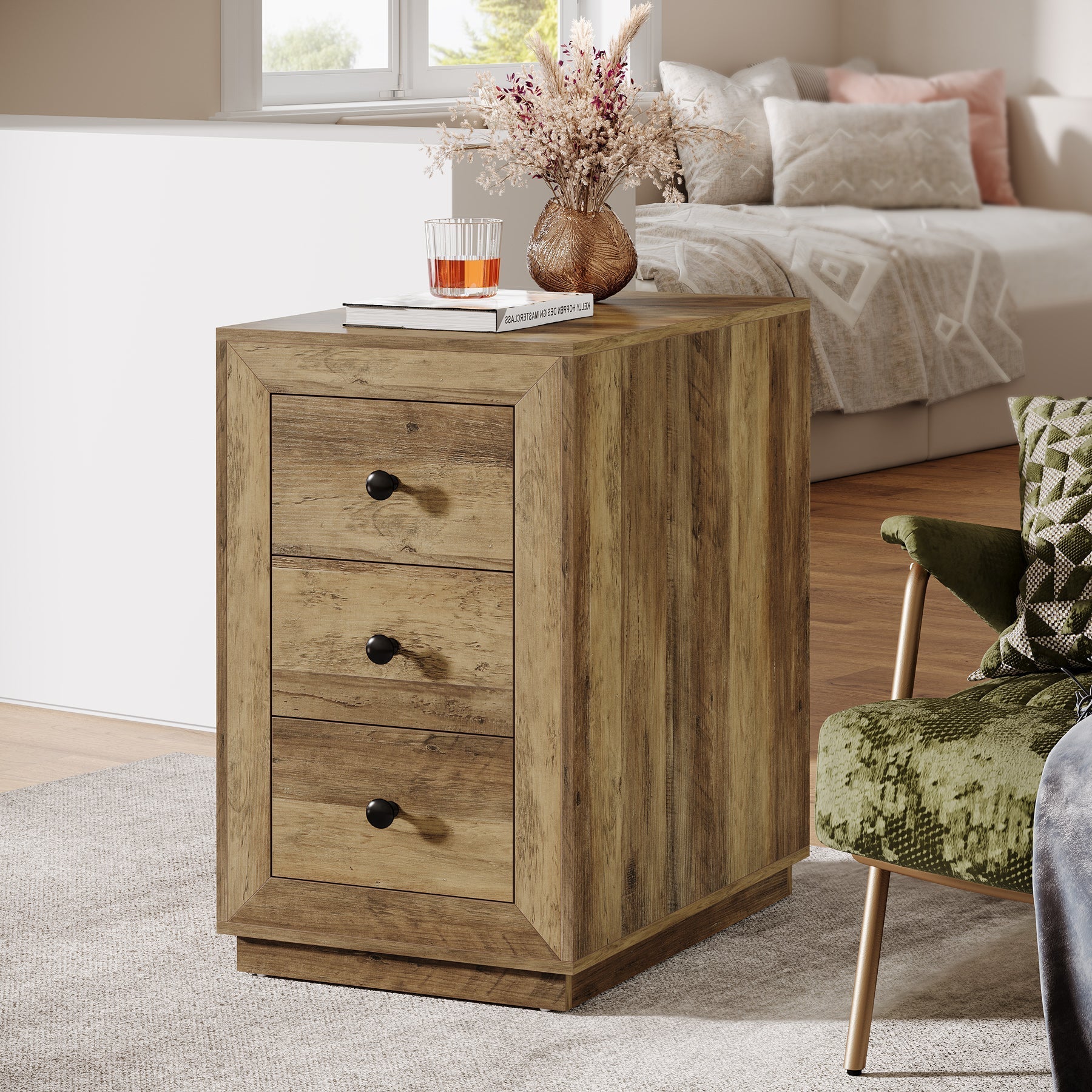 Wood End Table, Farmhouse 3-Drawer Sofa Side Table Nightstand