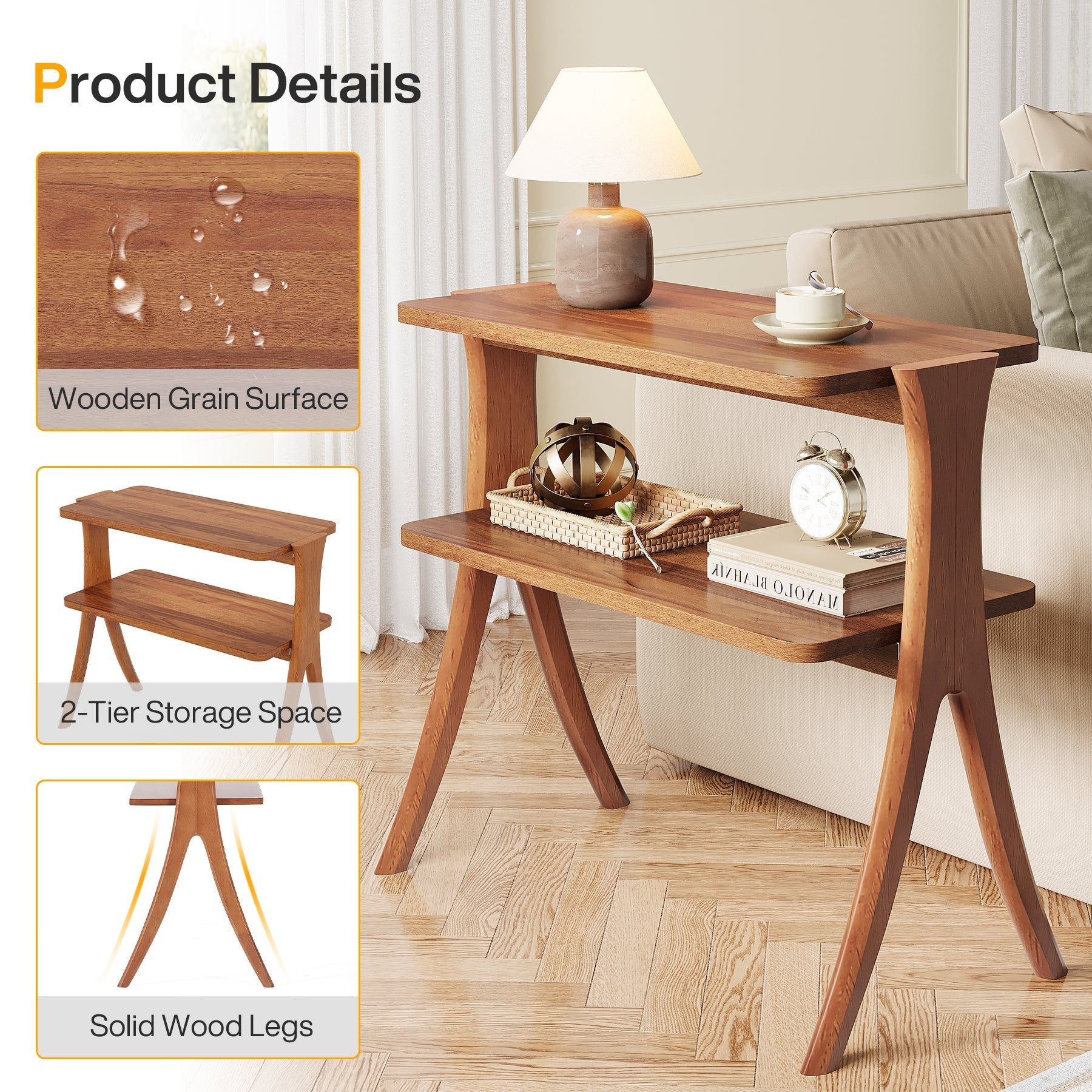 Wood End Table, Farmhouse Side Table with 2-Tier Storage Shelf