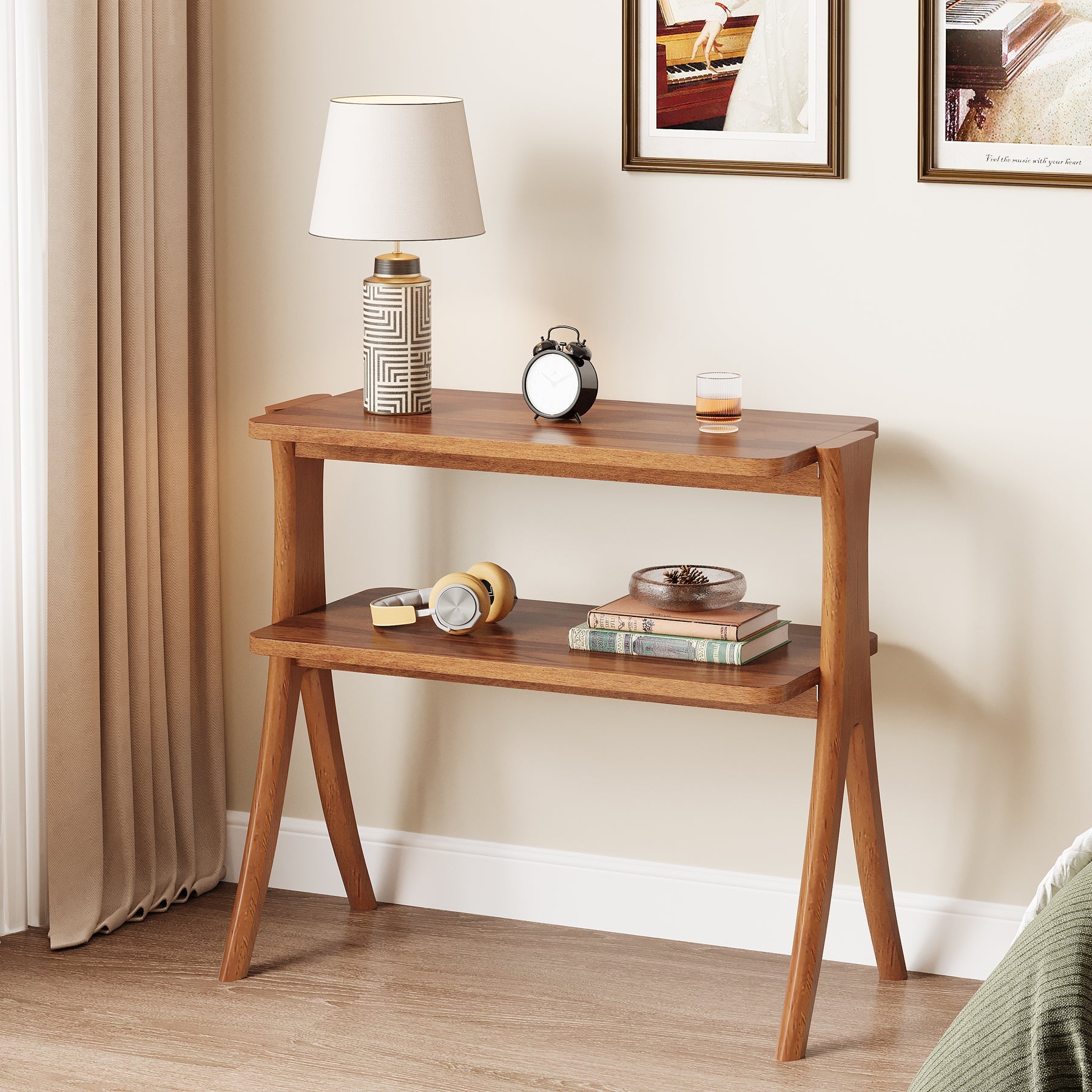 Wood End Table, Farmhouse Side Table with 2-Tier Storage Shelf