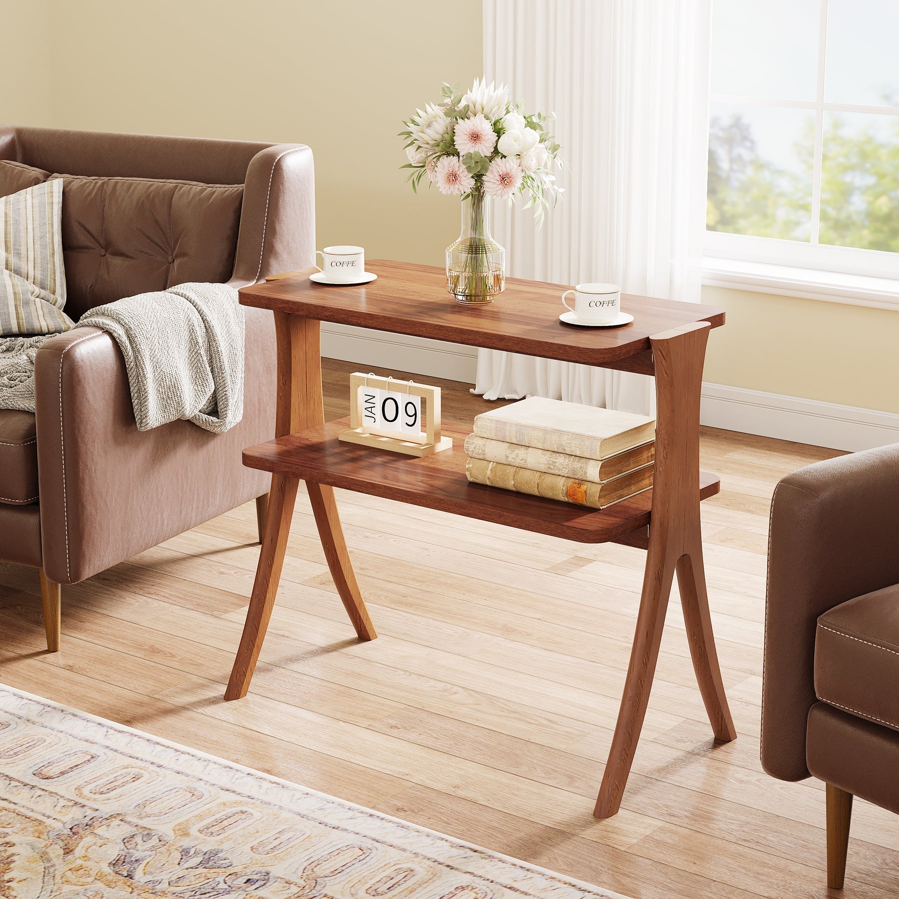 Wood End Table, Farmhouse Side Table with 2-Tier Storage Shelf