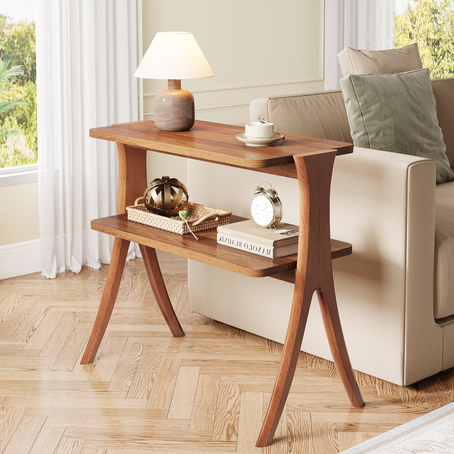 Wood End Table, Farmhouse Side Table with 2-Tier Storage Shelf