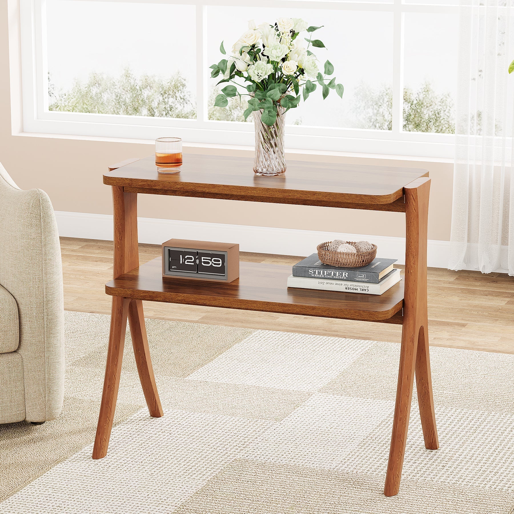 Wood End Table, Farmhouse Side Table with 2-Tier Storage Shelf