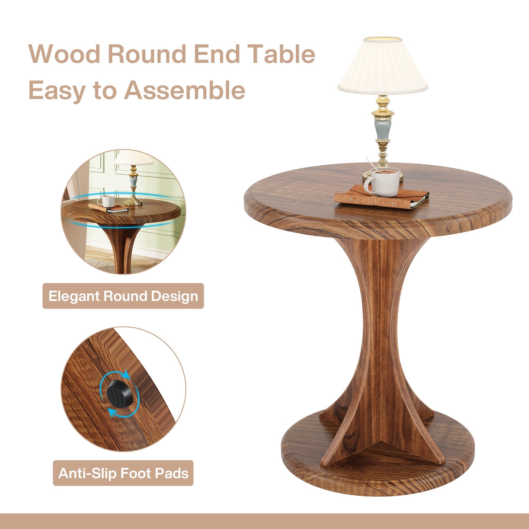 Wood End Table, Round Sofa Side Table Vintage Nightstand