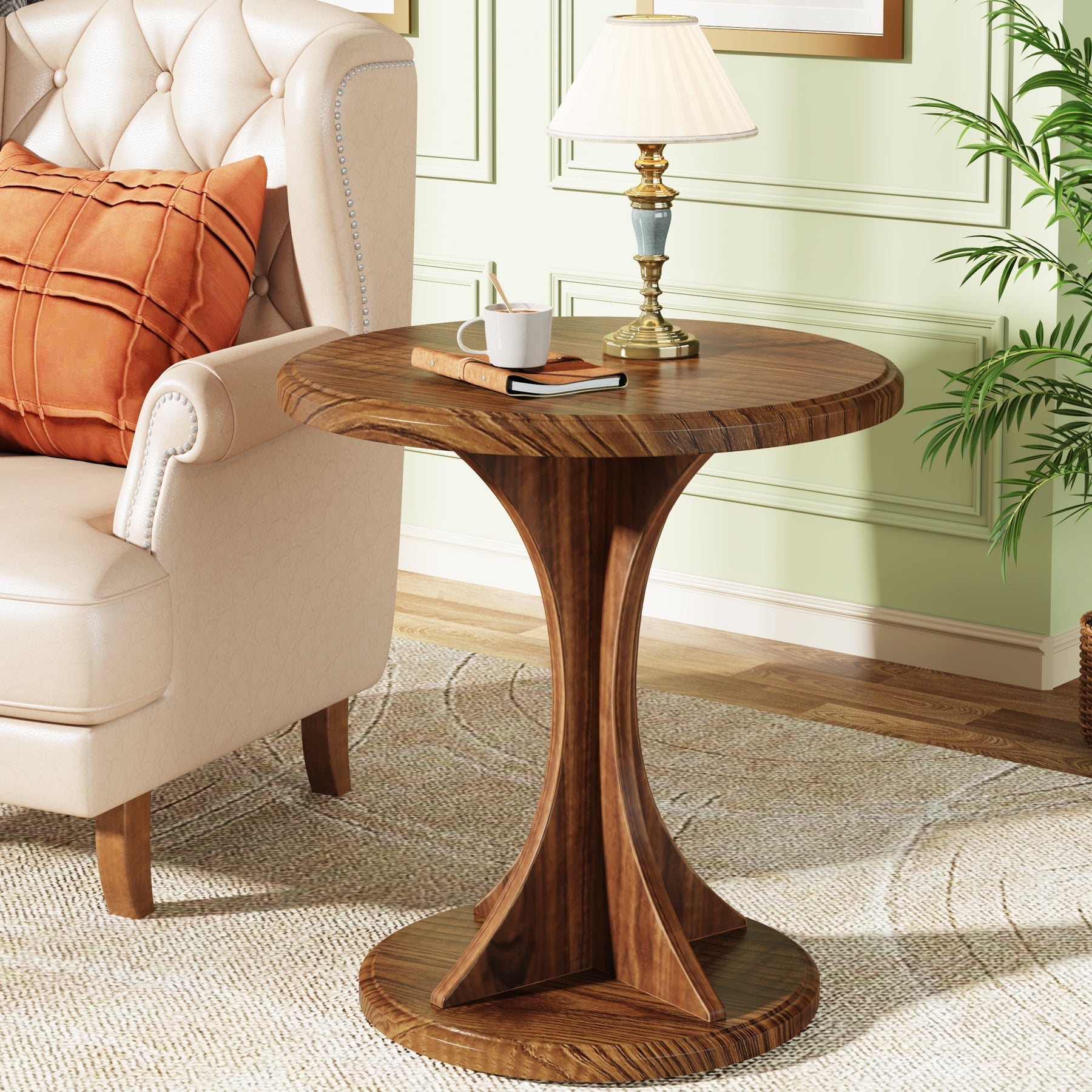 Wood End Table, Round Sofa Side Table Vintage Nightstand