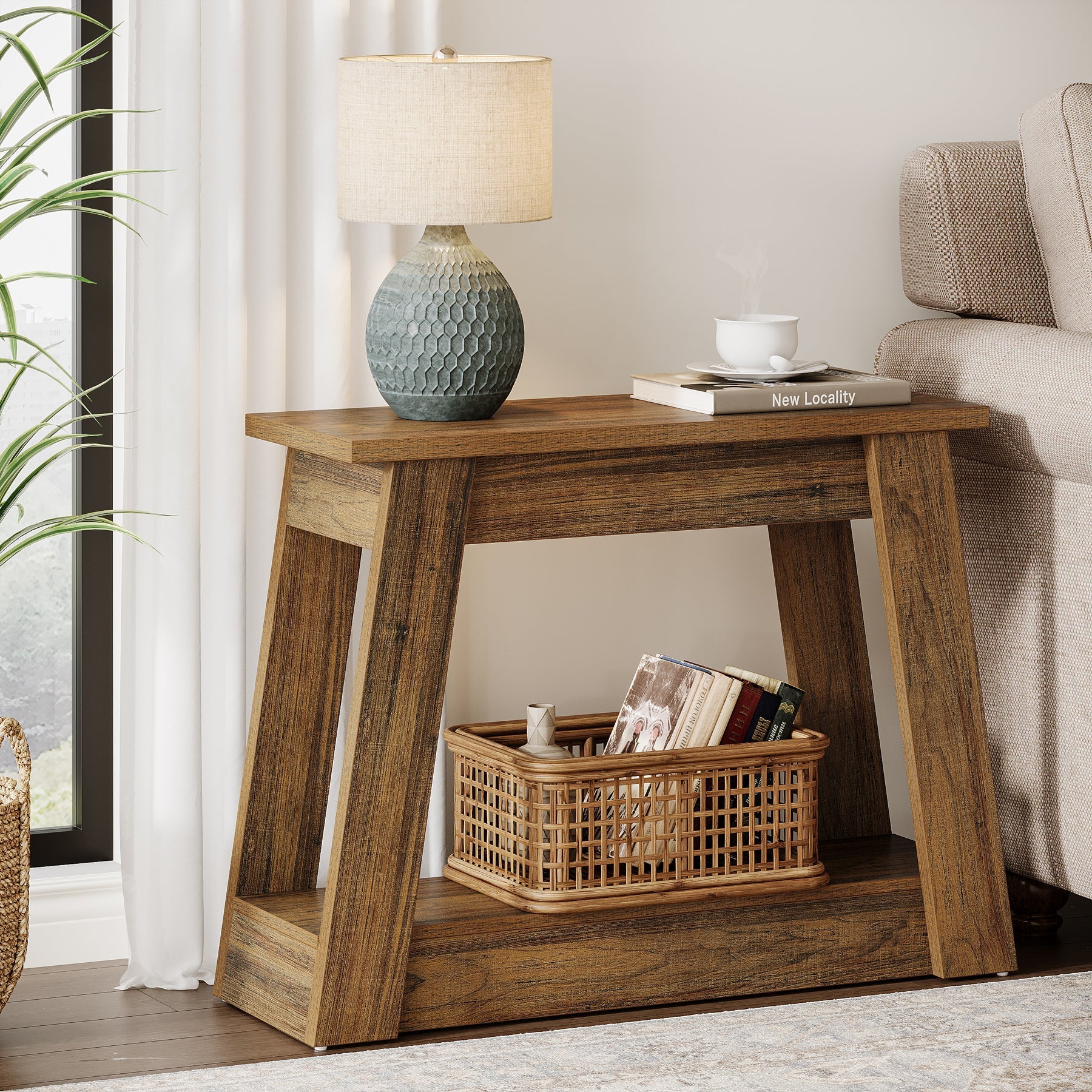 Wood End Table, Small Side Table With 2 Storage Shelves