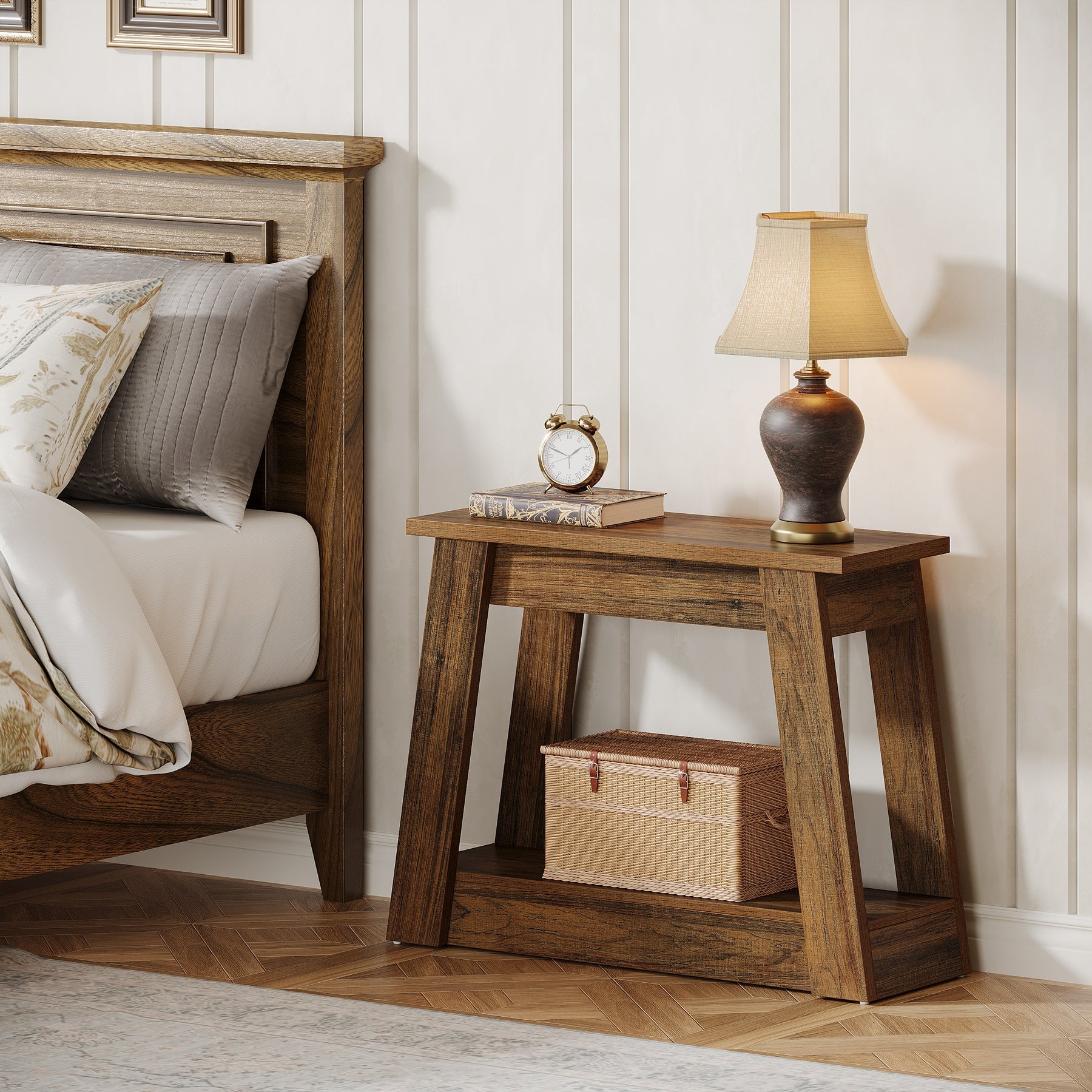 Wood End Table, Small Side Table With 2 Storage Shelves