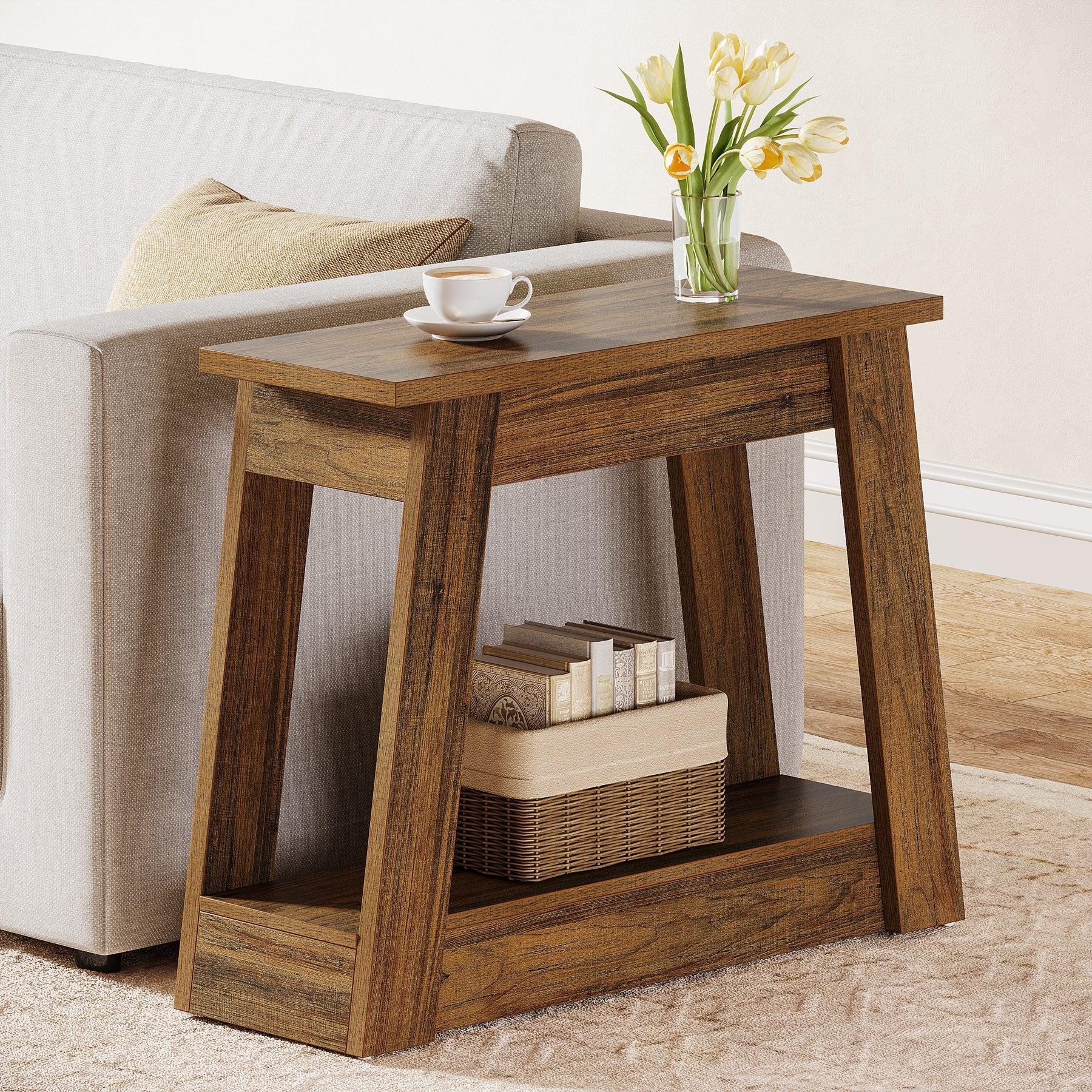 Wood End Table, Small Side Table With 2 Storage Shelves