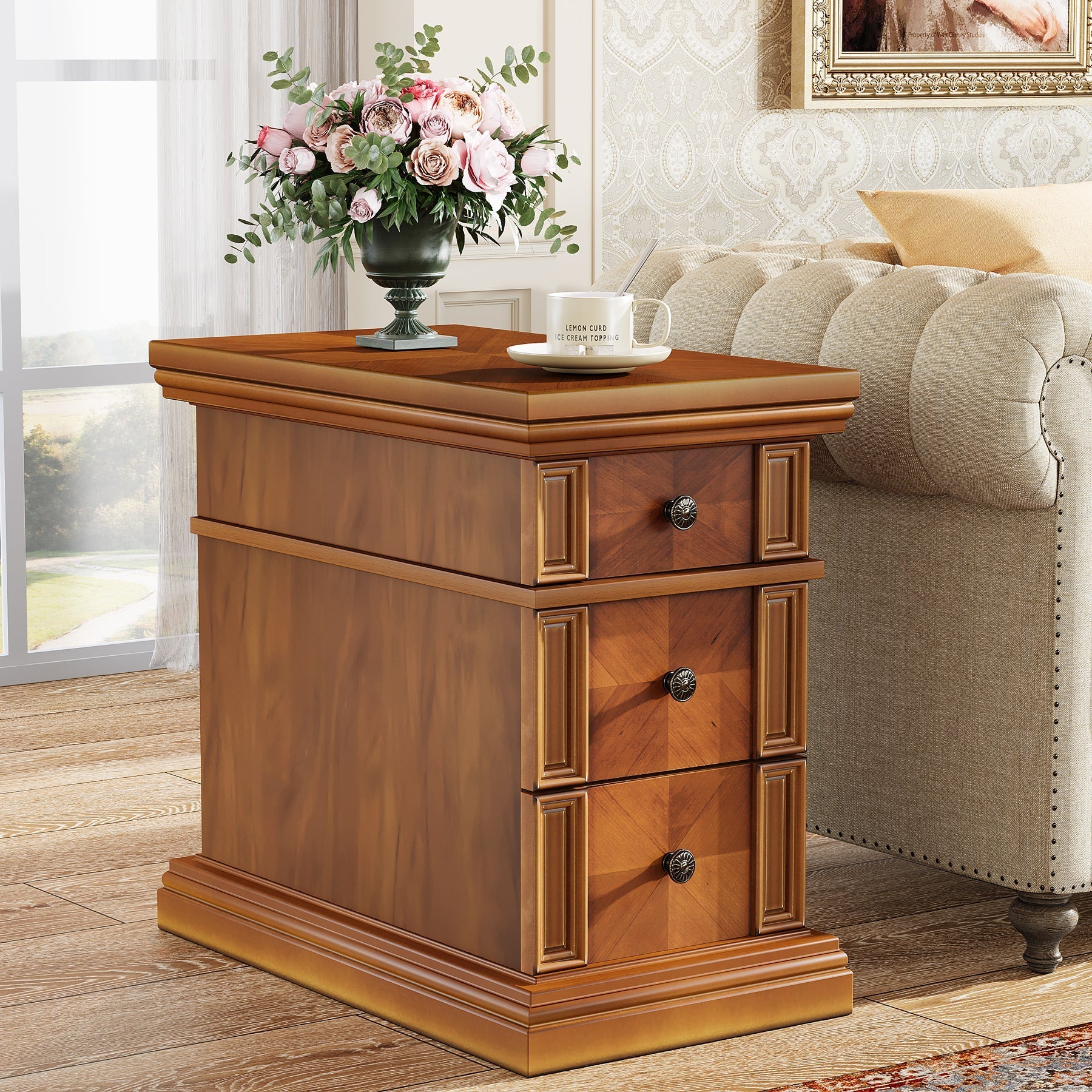 Wood End Table, Sofa Side Table Nightstand with 3 Drawers