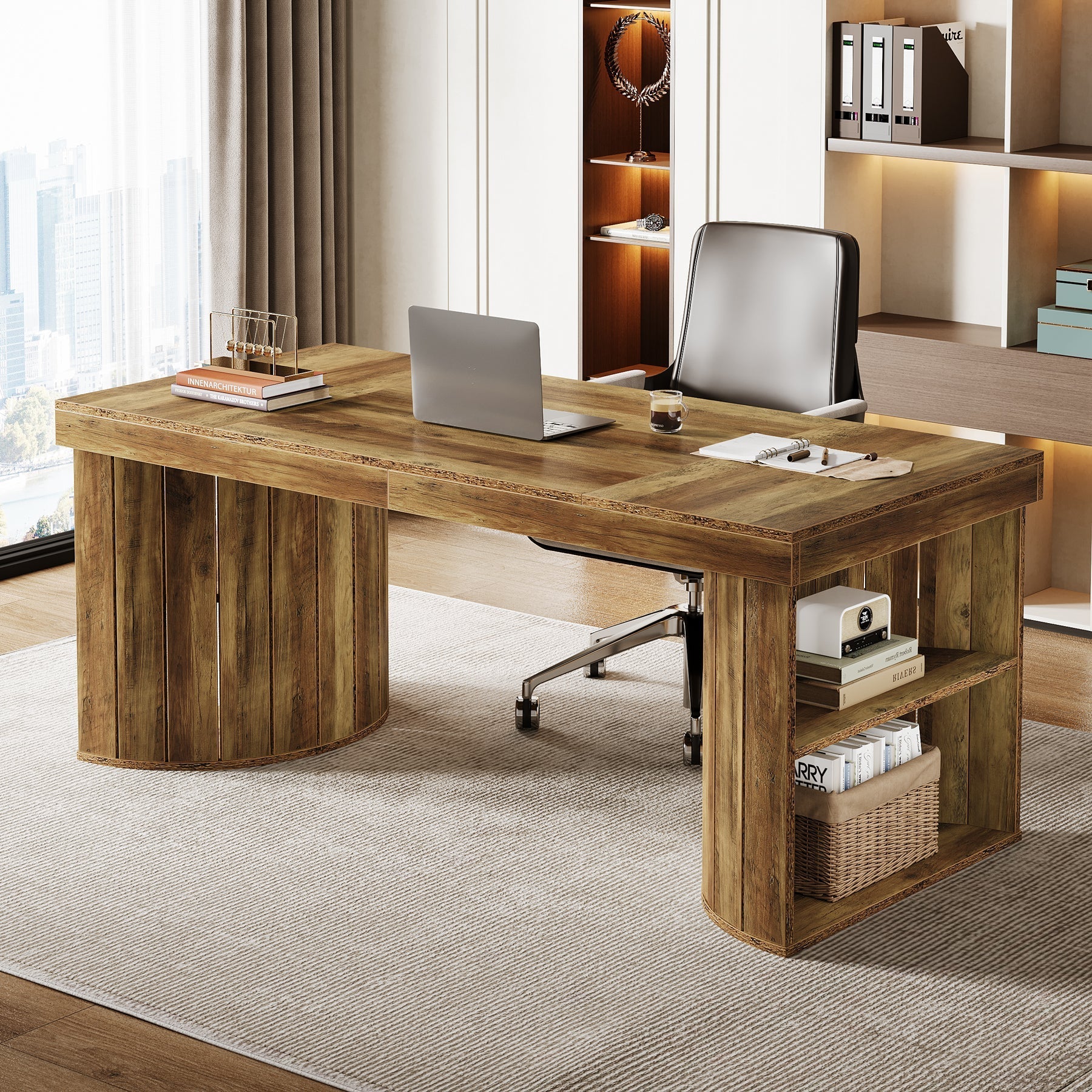 Wood Executive Desk, 160 cm Computer Desk Office Desk with Storage