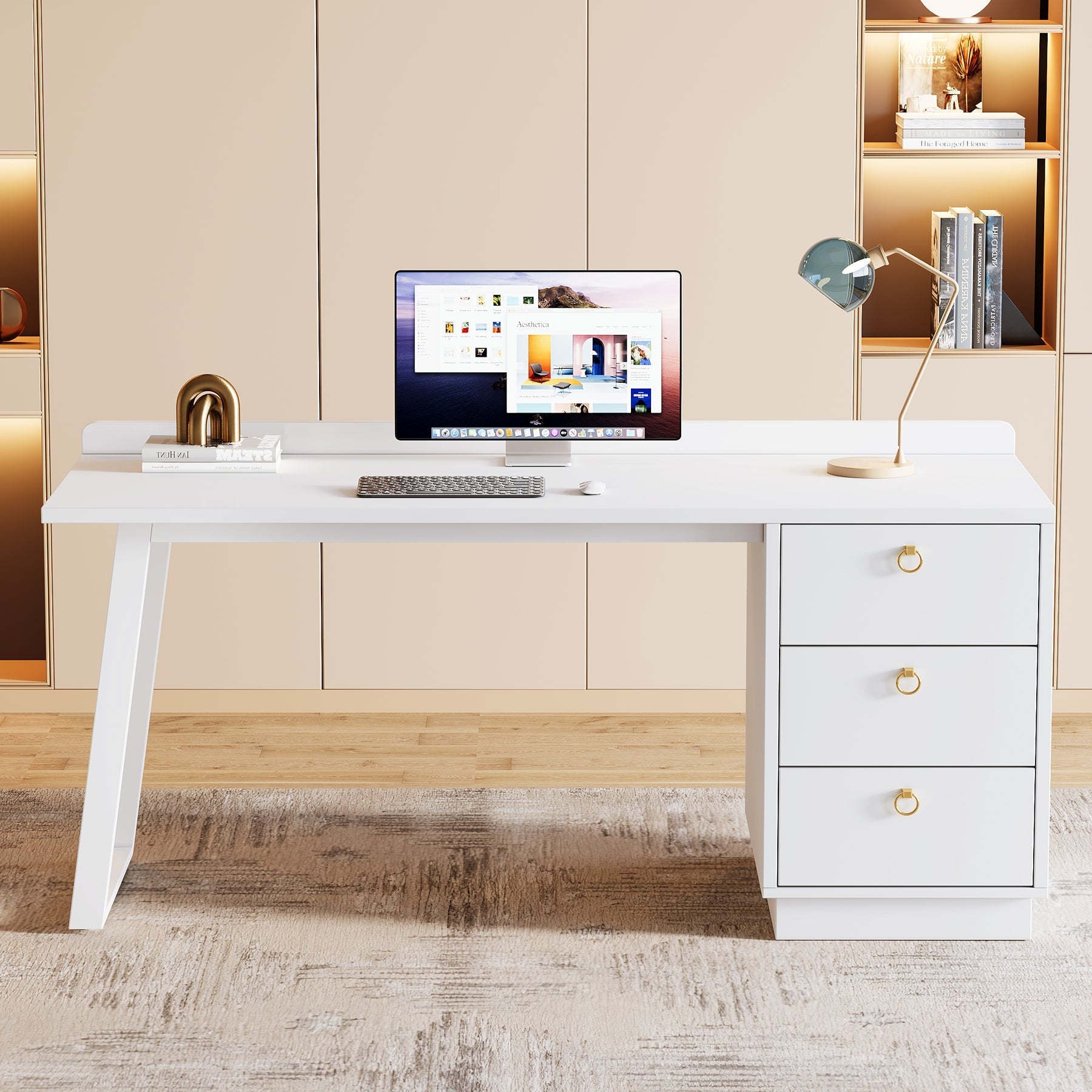 Wood Executive Desk, 140 cm Computer Desk with Storage Drawers