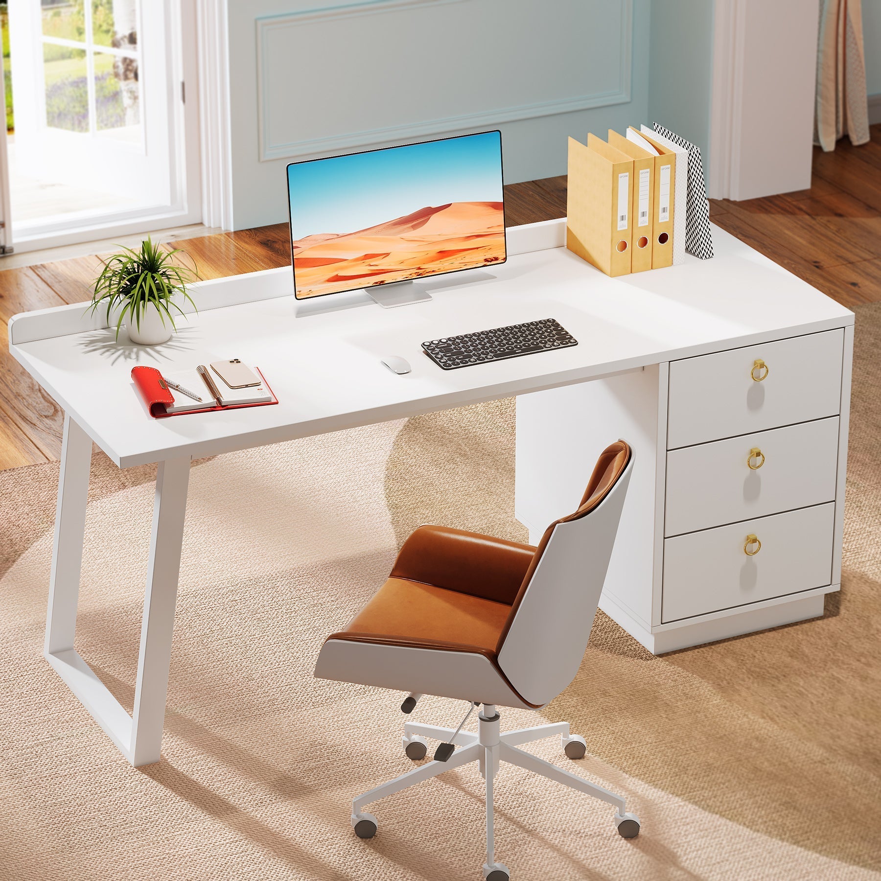 Wood Executive Desk, 140 cm Computer Desk with Storage Drawers