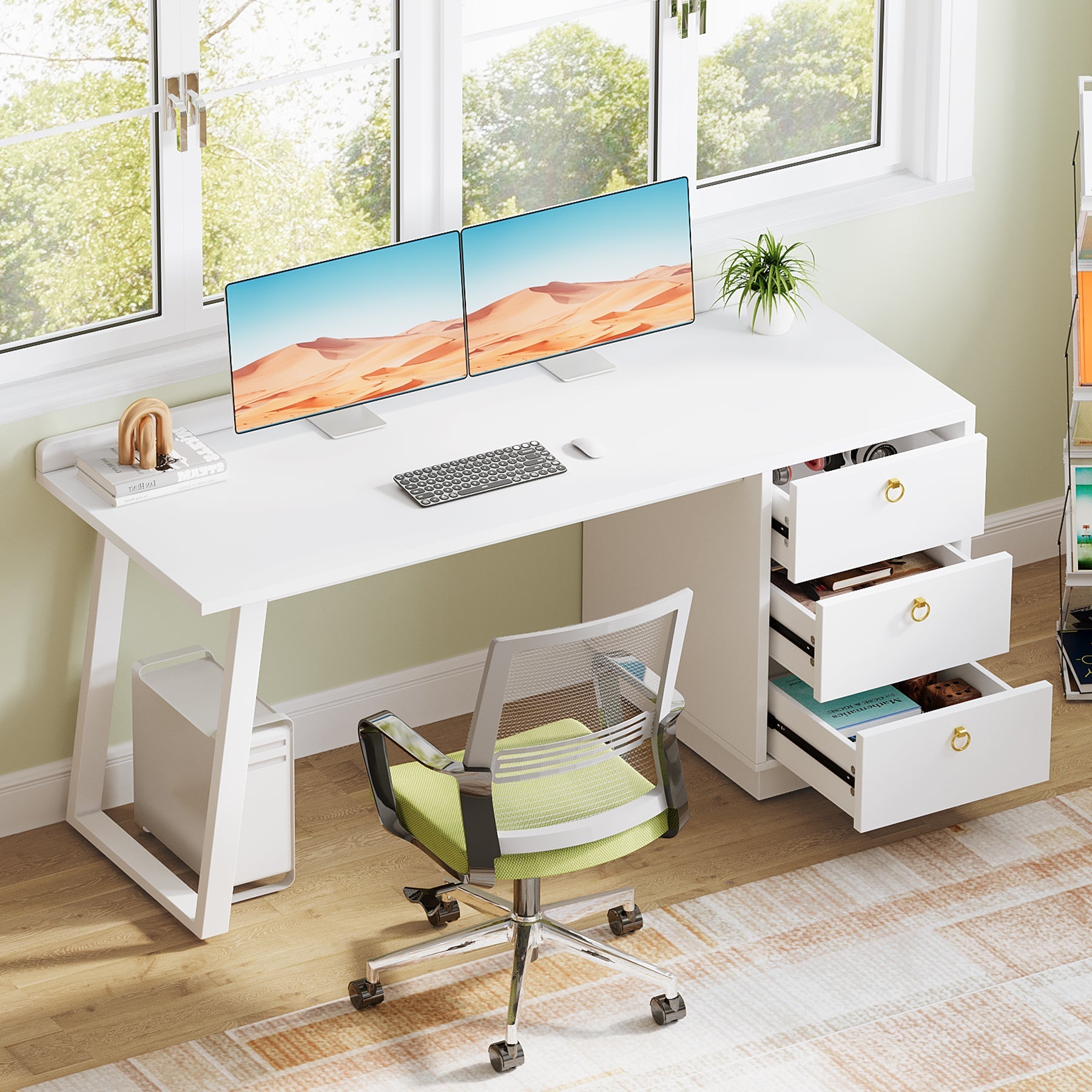 Wood Executive Desk, 140 cm Computer Desk with Storage Drawers