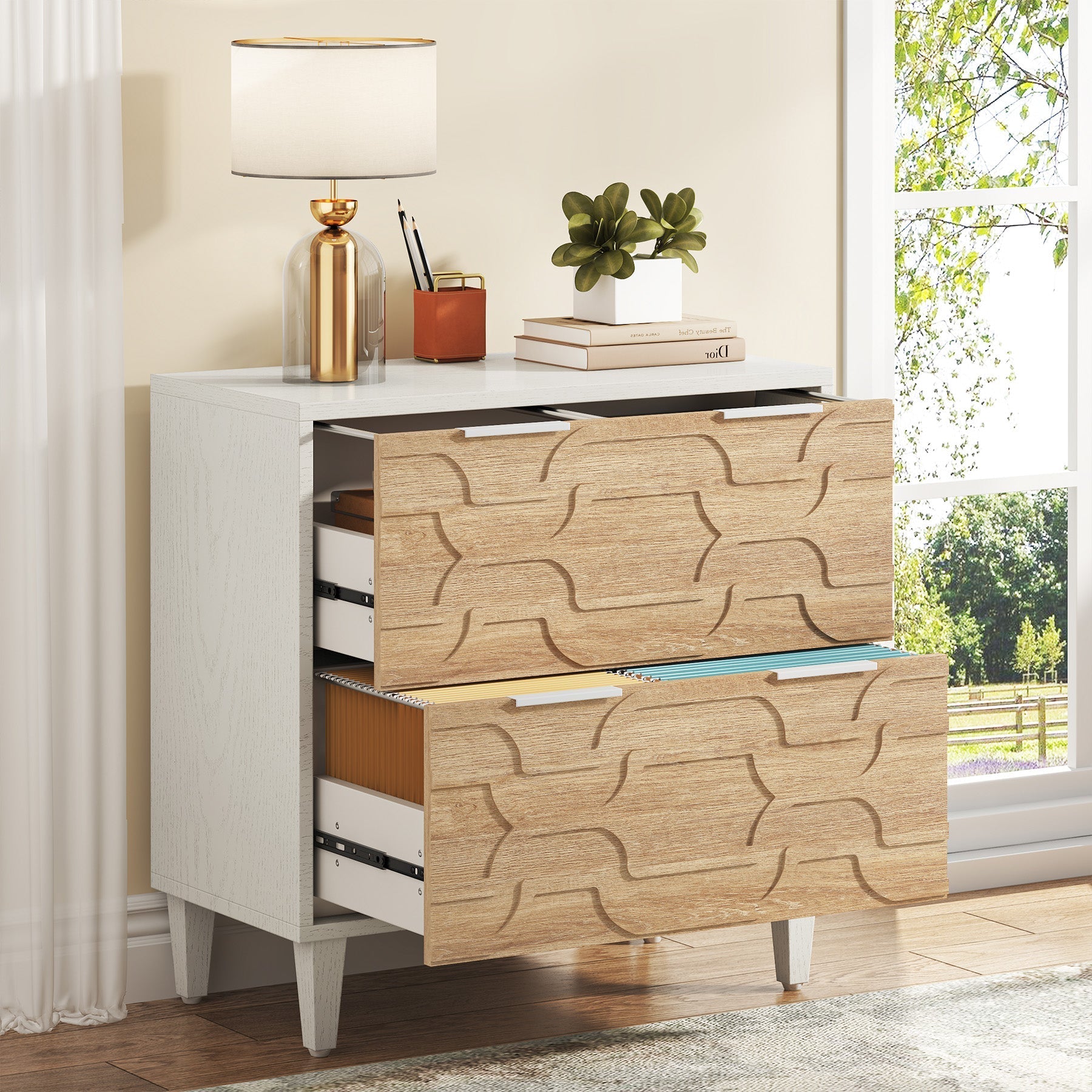 Wood File Cabinet, 2-Drawer Storage Cabinet for A4/Letter/Legal Size (cm)