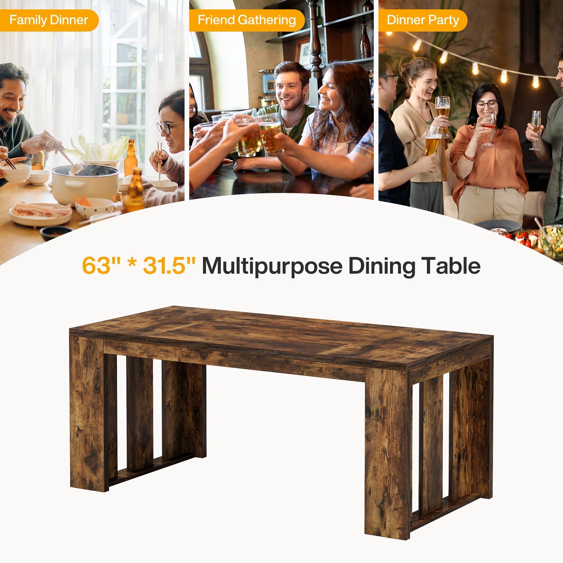 Wood Kitchen Table, 160 cm Farmhouse Dining Table for 4-6 People