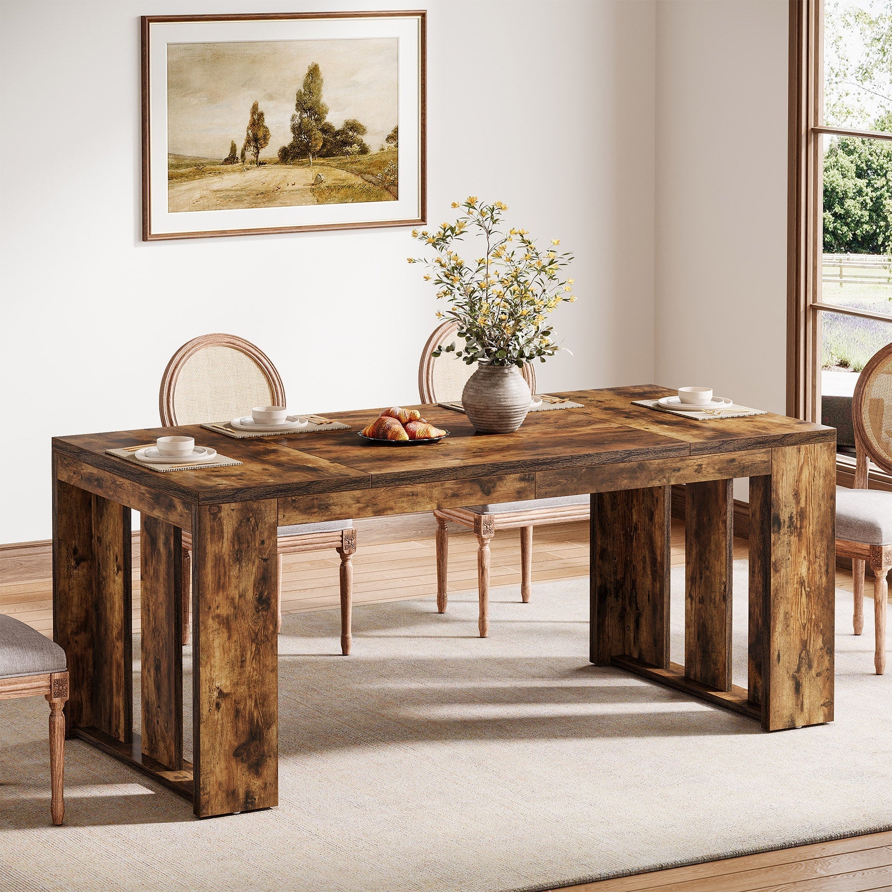 Wood Kitchen Table, 160 cm Farmhouse Dining Table for 4-6 People