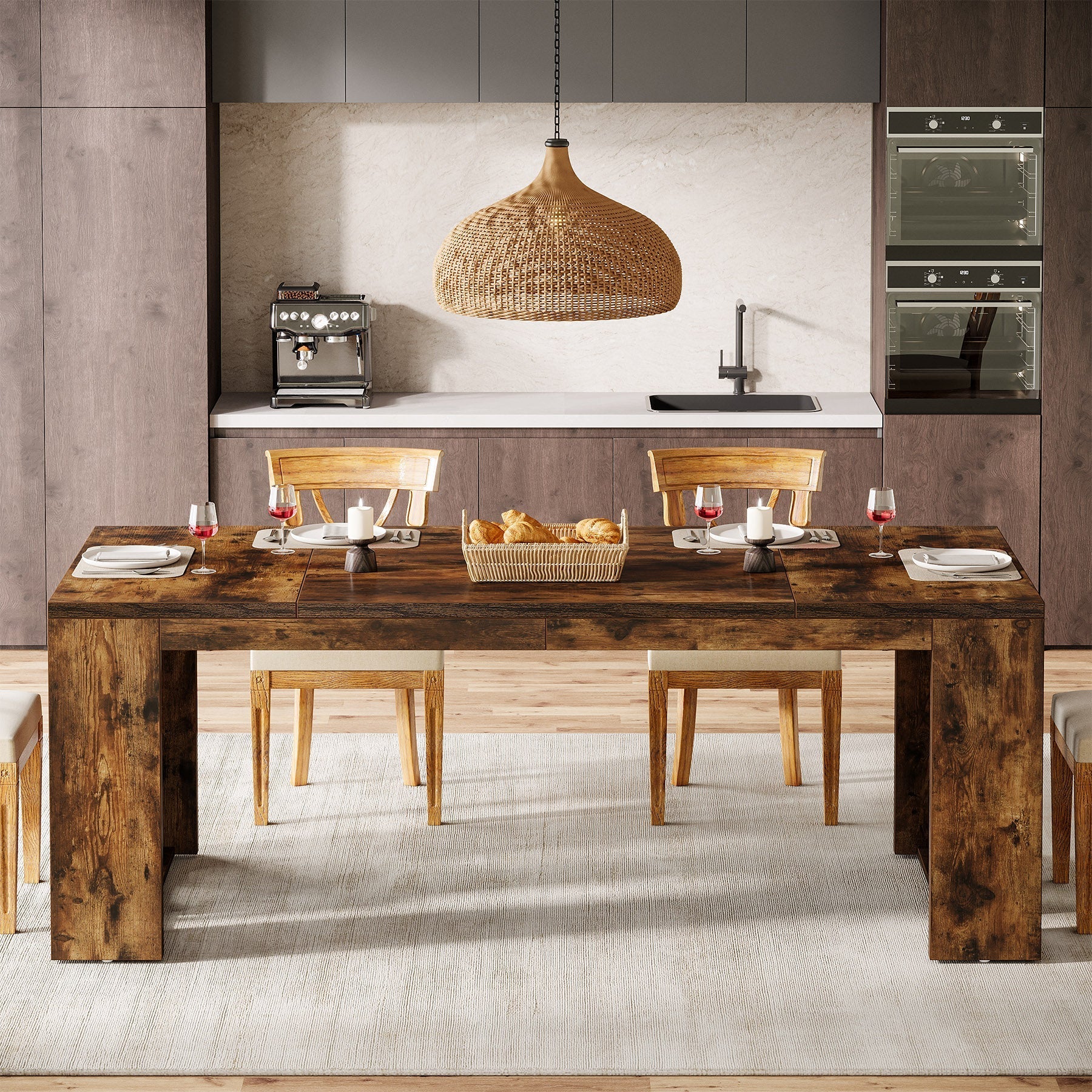 Wood Kitchen Table, 160 cm Farmhouse Dining Table for 4-6 People